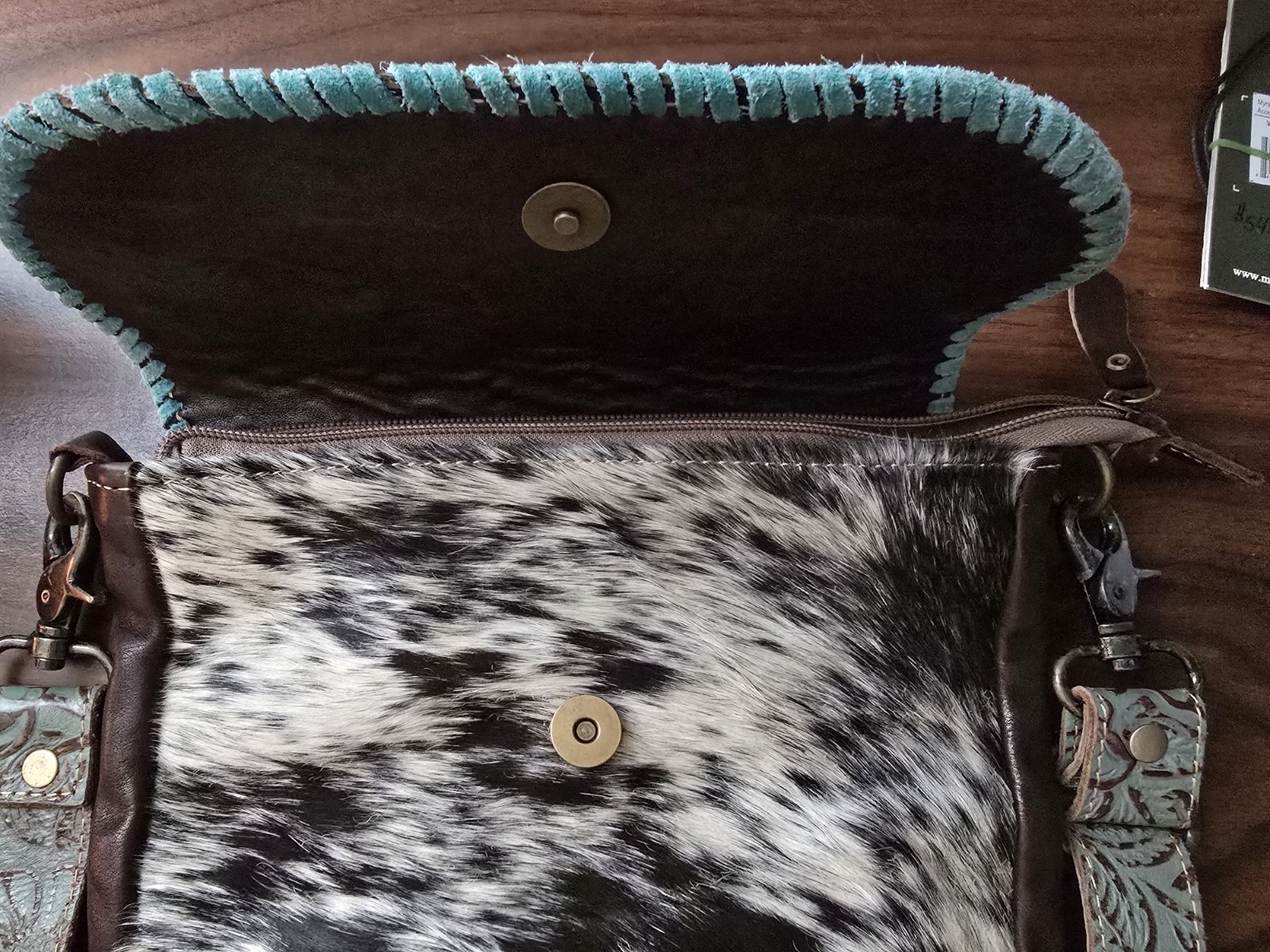 Myra #3826 Turquoise Fluers Leather & Hairon Bag Crossbody Snap Brown Leather