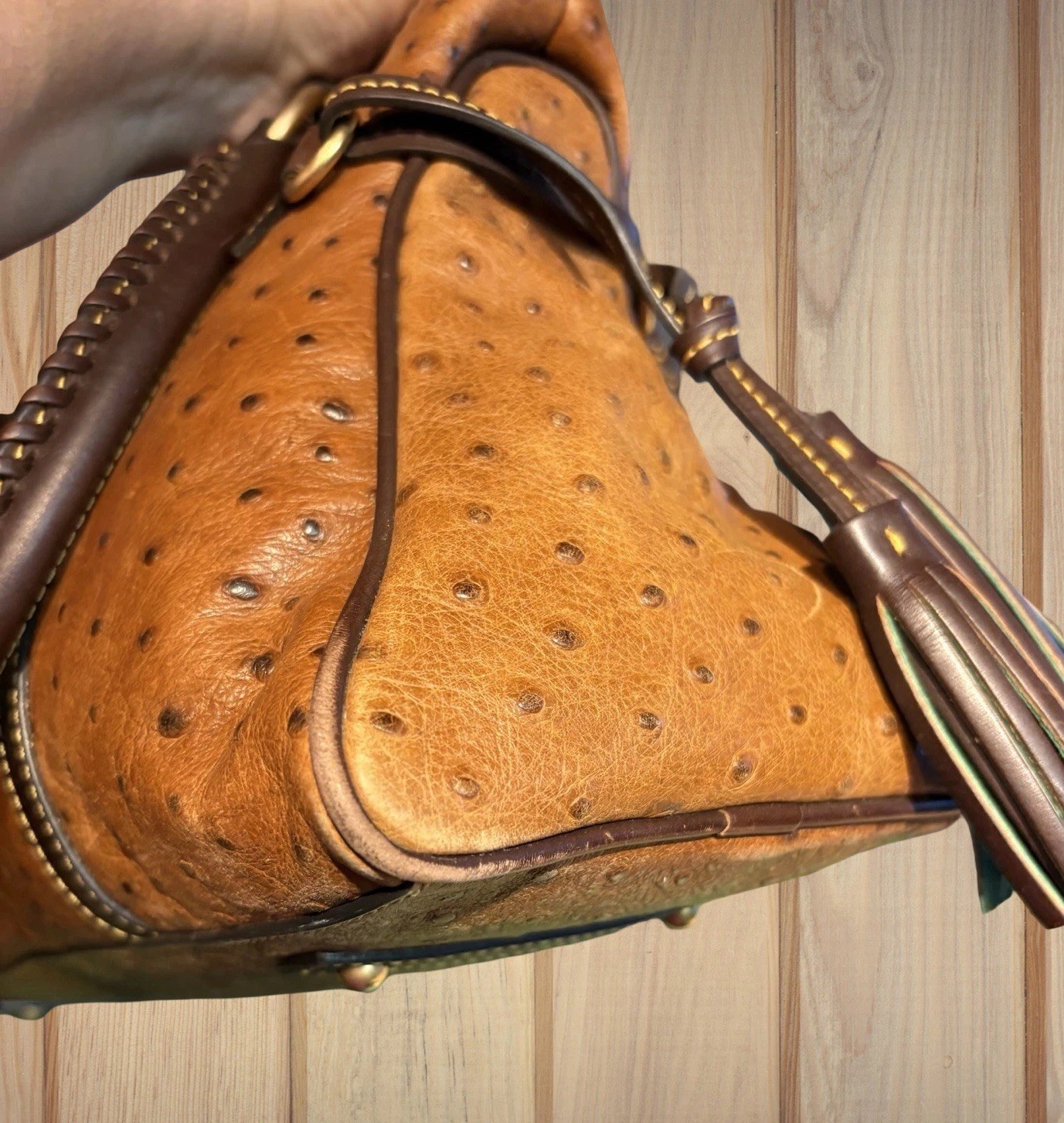 Dooney Bourke Chestnut Cognac Brown Ostrich Embossed Leather Large Satchel Bag