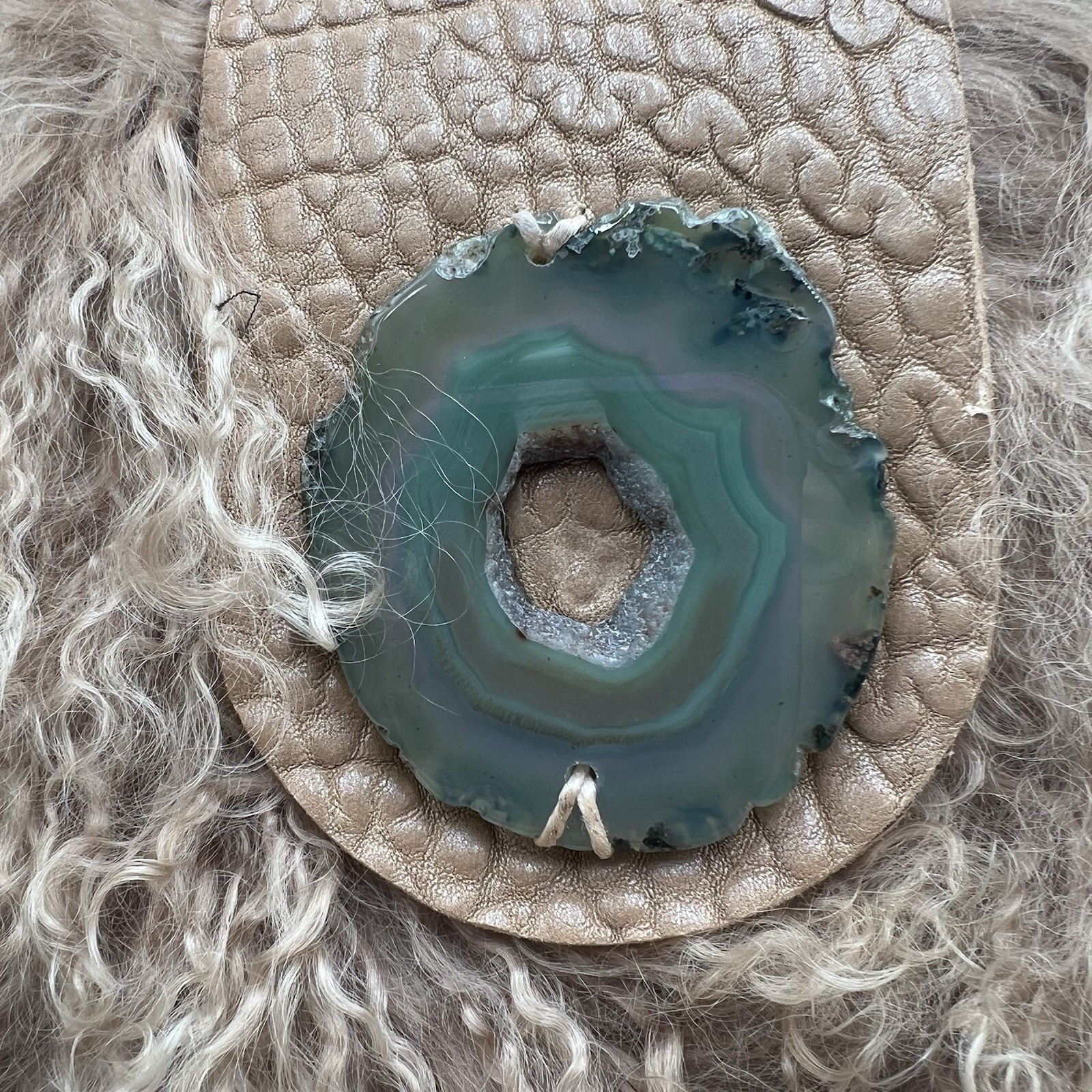 Evoke Real Lamb Mongolian Curly Fur Leather Purse Agate Stone Crossbody Chain