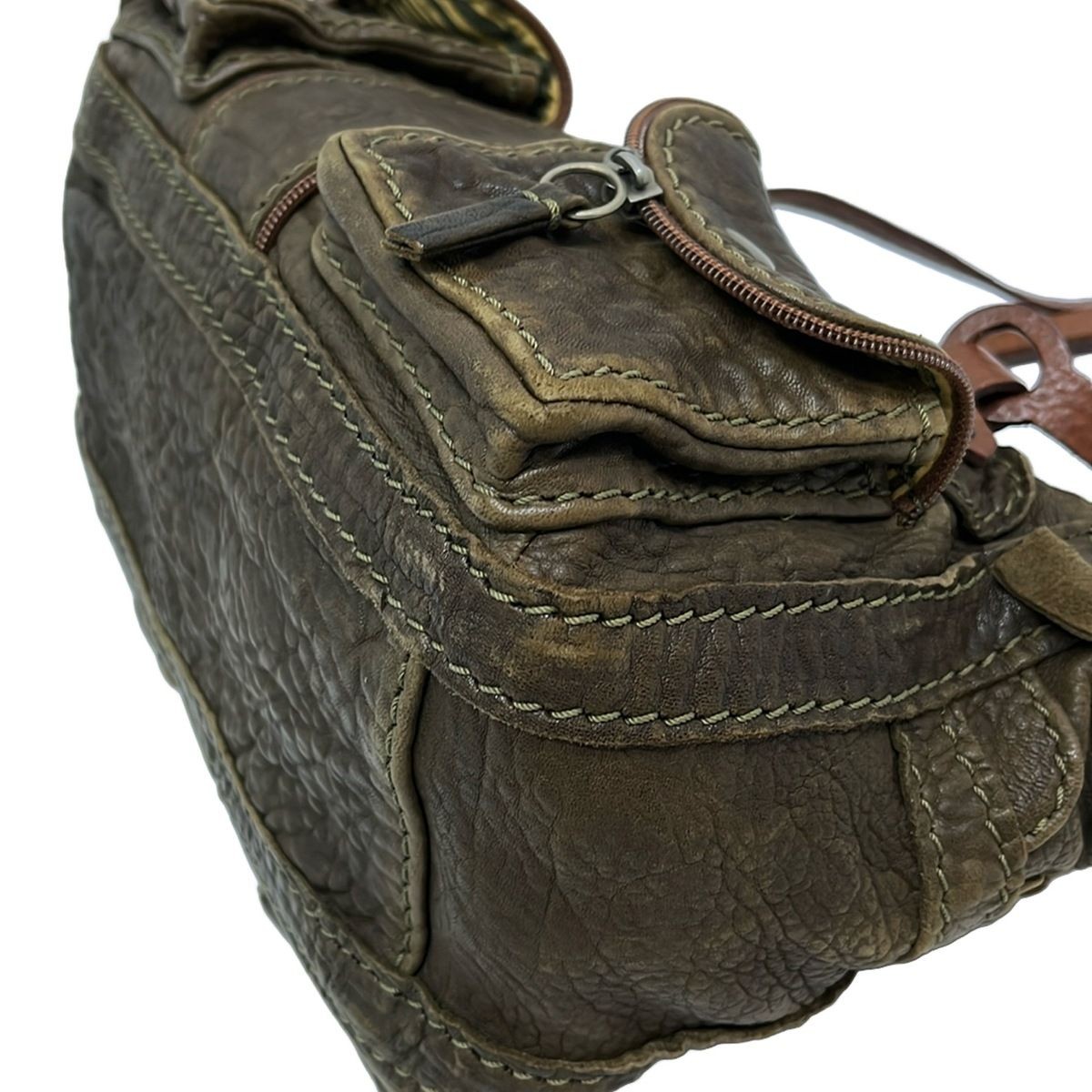 Jamin Puech Handbag Leather Khaki 6.30 x 9.65 inch w/ Storage Bag Japan Used