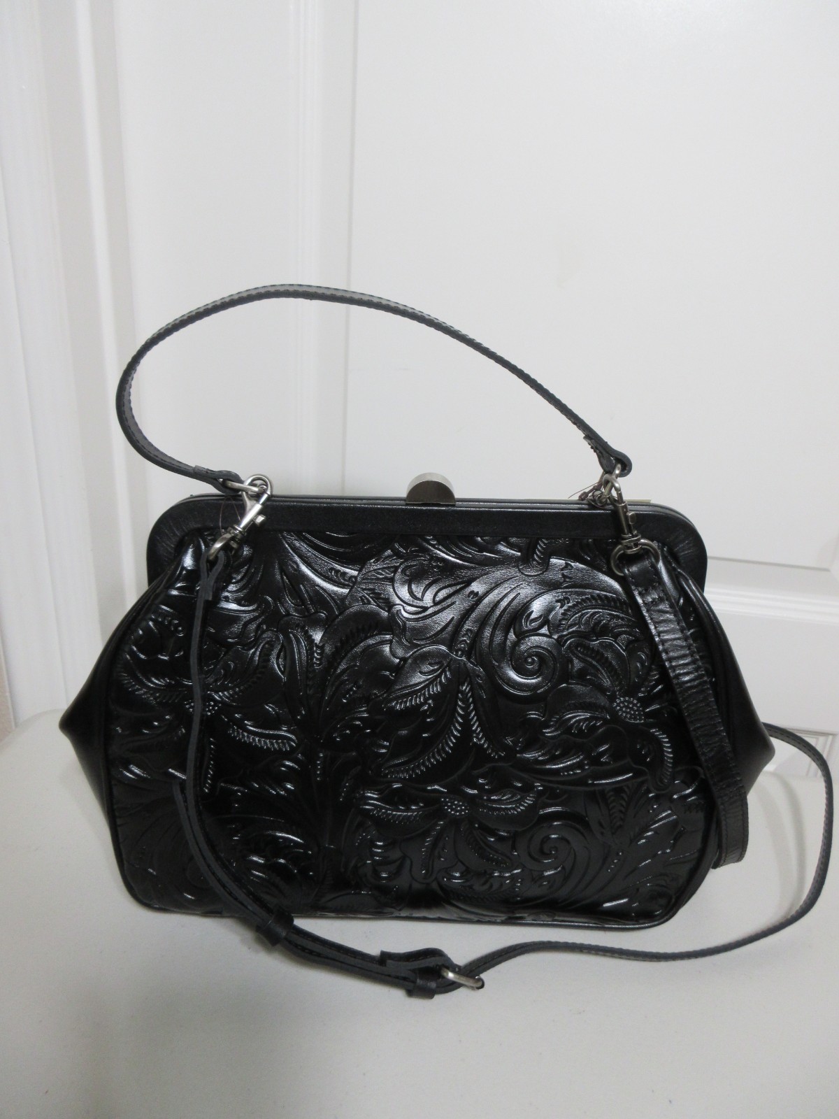 NEW PATRICIA NASH CLEMENTINE TOOLED BLACK SATCHEL/SHOULDER BAG