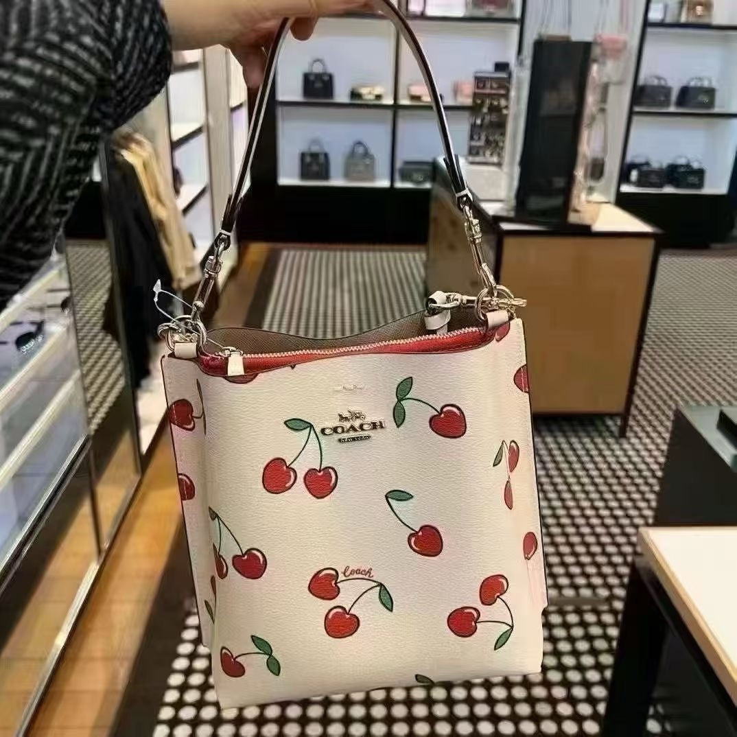 Coach Cherry Print Shoulder Bag Chalk/Red/Green, Logo Accents, Silver Hardware