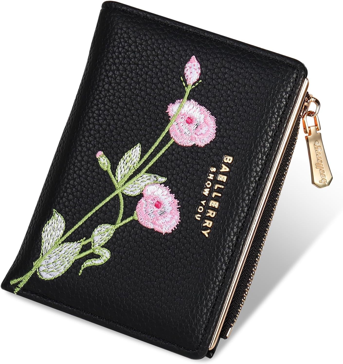 Bifold Embroidery Coin Zipper Pocket Wallet RFID Blocking Soft PU Leather