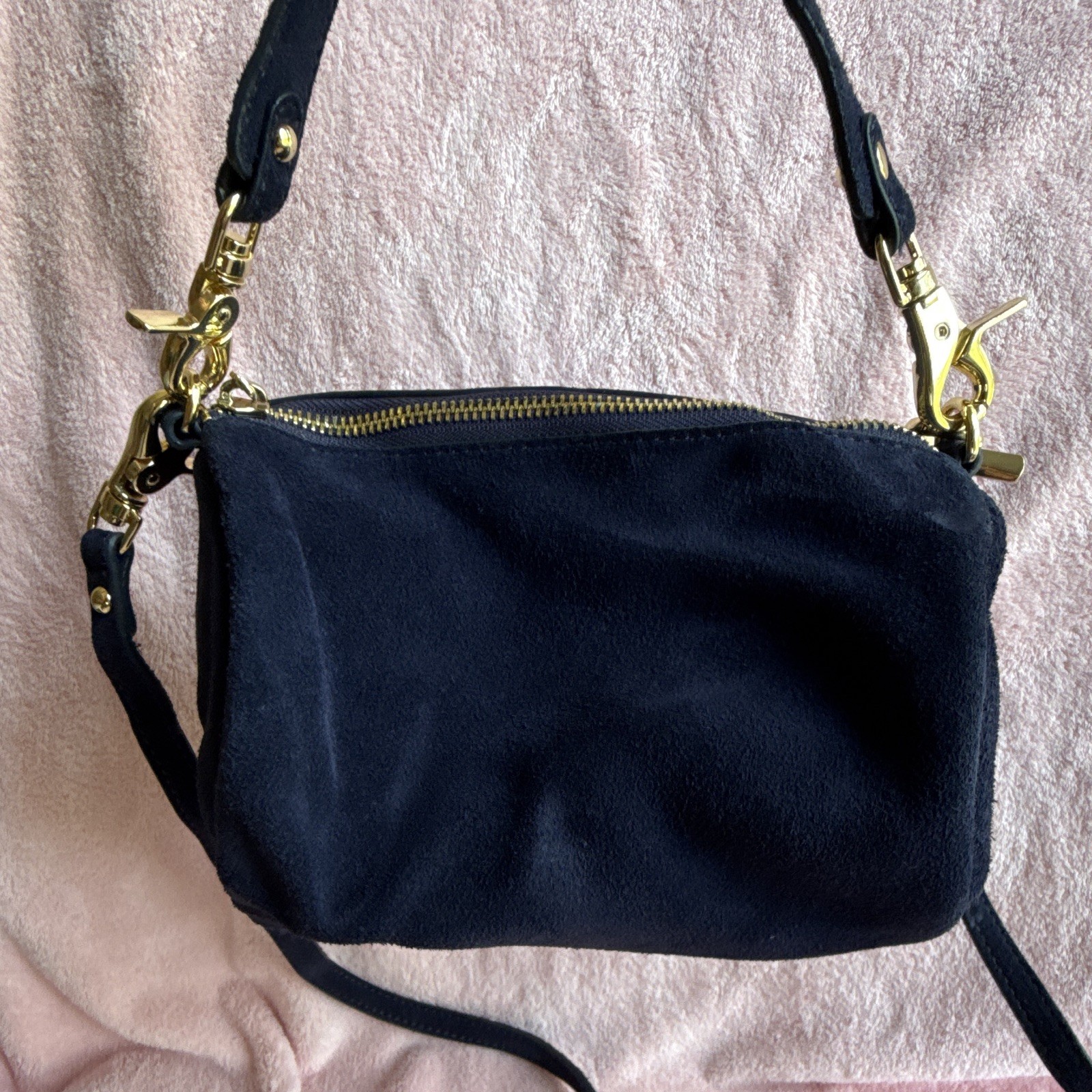 Navy Suede Shoulder Bag Zip Gold Hardware Detachable Straps