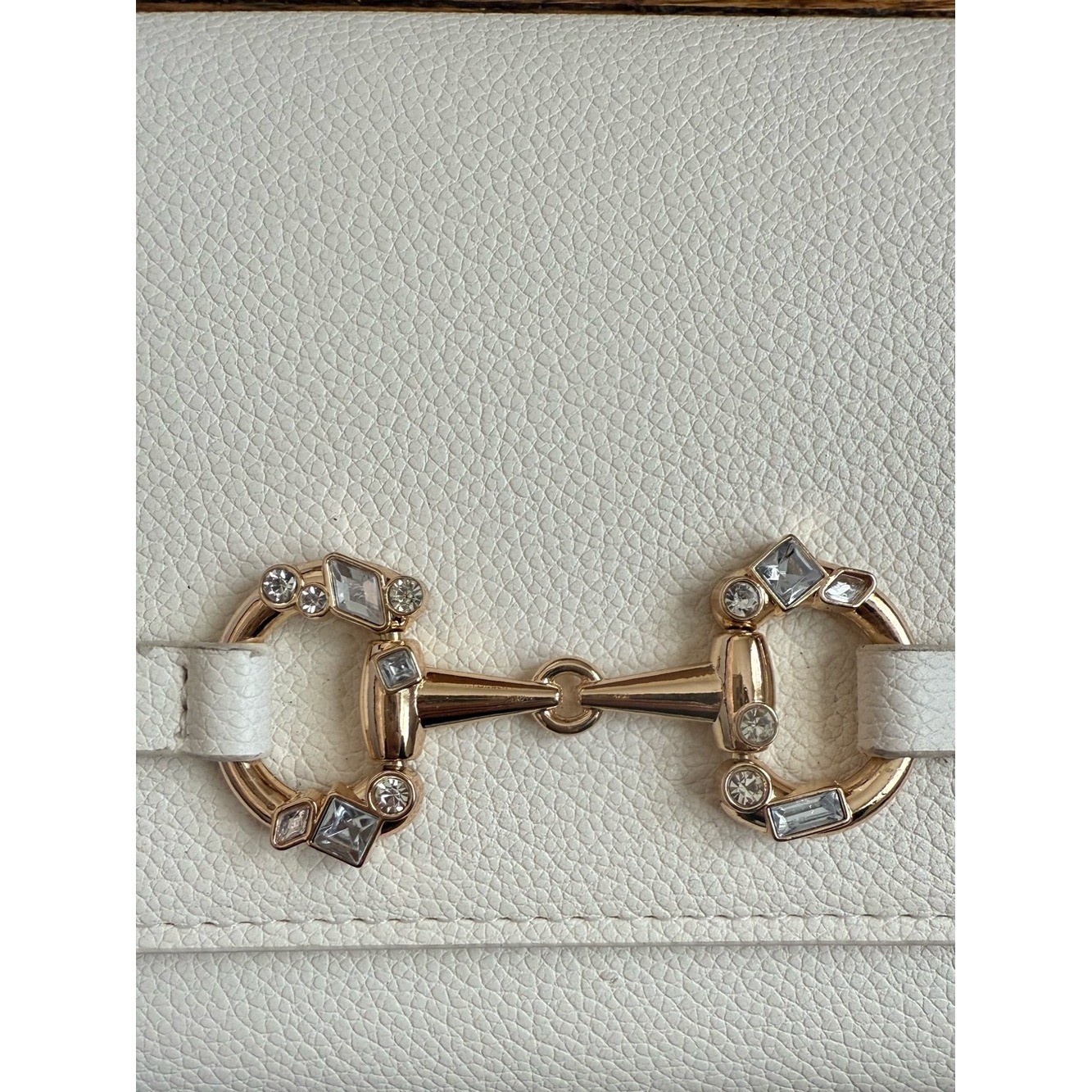 Anne Klein White Pebble Leather Crossbody Wallet Bag with Crystal Horsebit