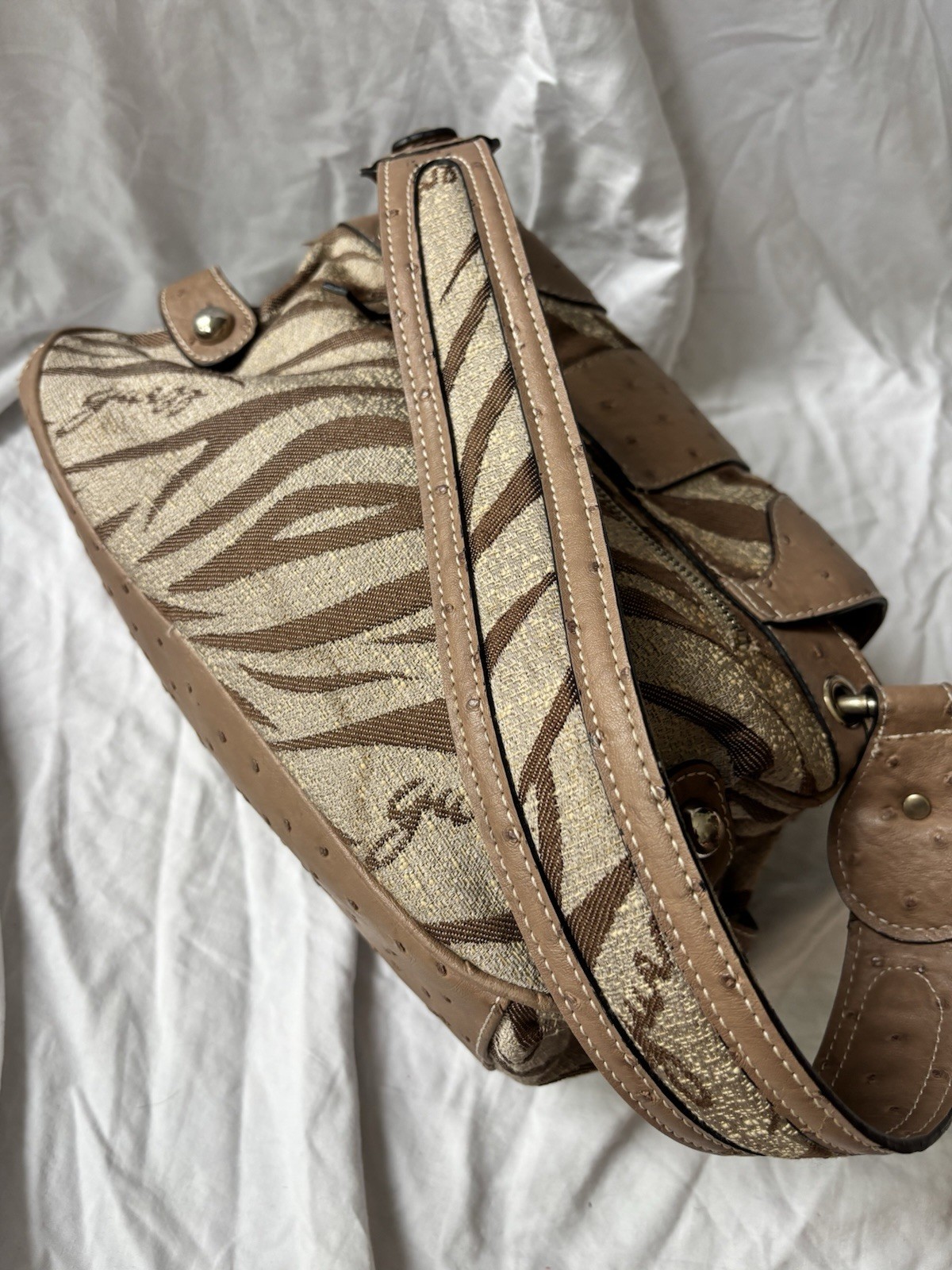 Guess Zebra Jacquard Shoulder Bag Ostrich Embossed Trim Y2K Baguette Purse
