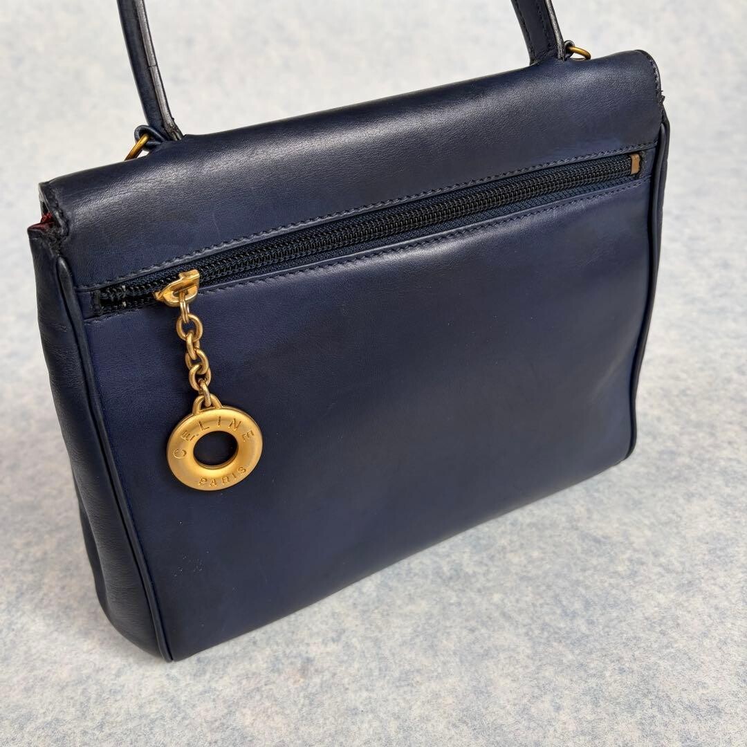 CELINE Navy Leather Top Handle Handbag Gold Circle Logo Y2K Self Standing 73