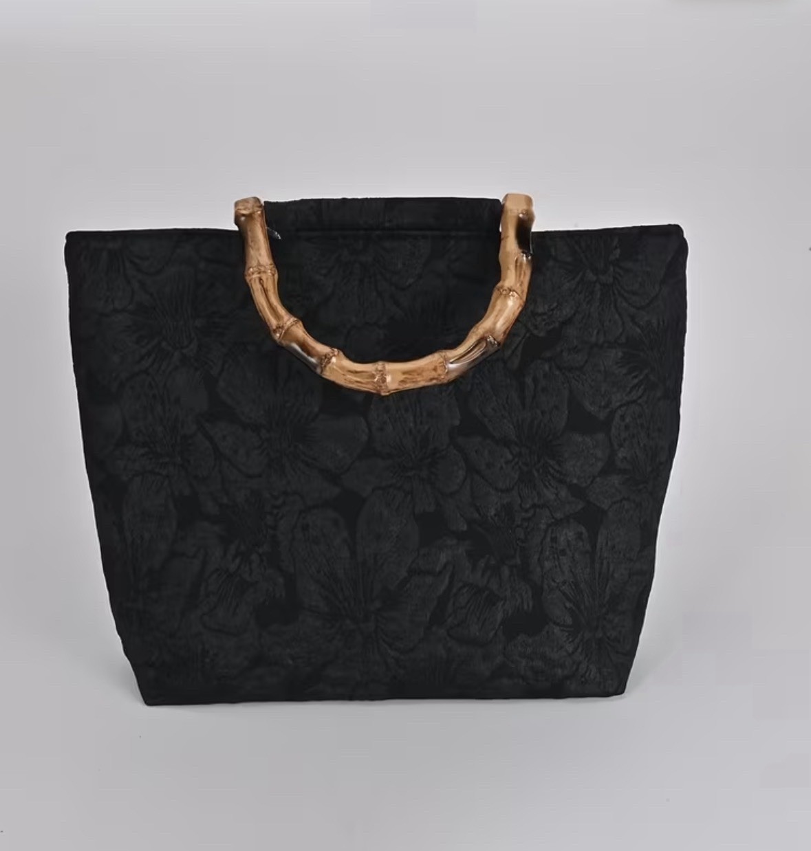 Black Floral Jacquard Tote Bag Bamboo Handle Purse Large Bag