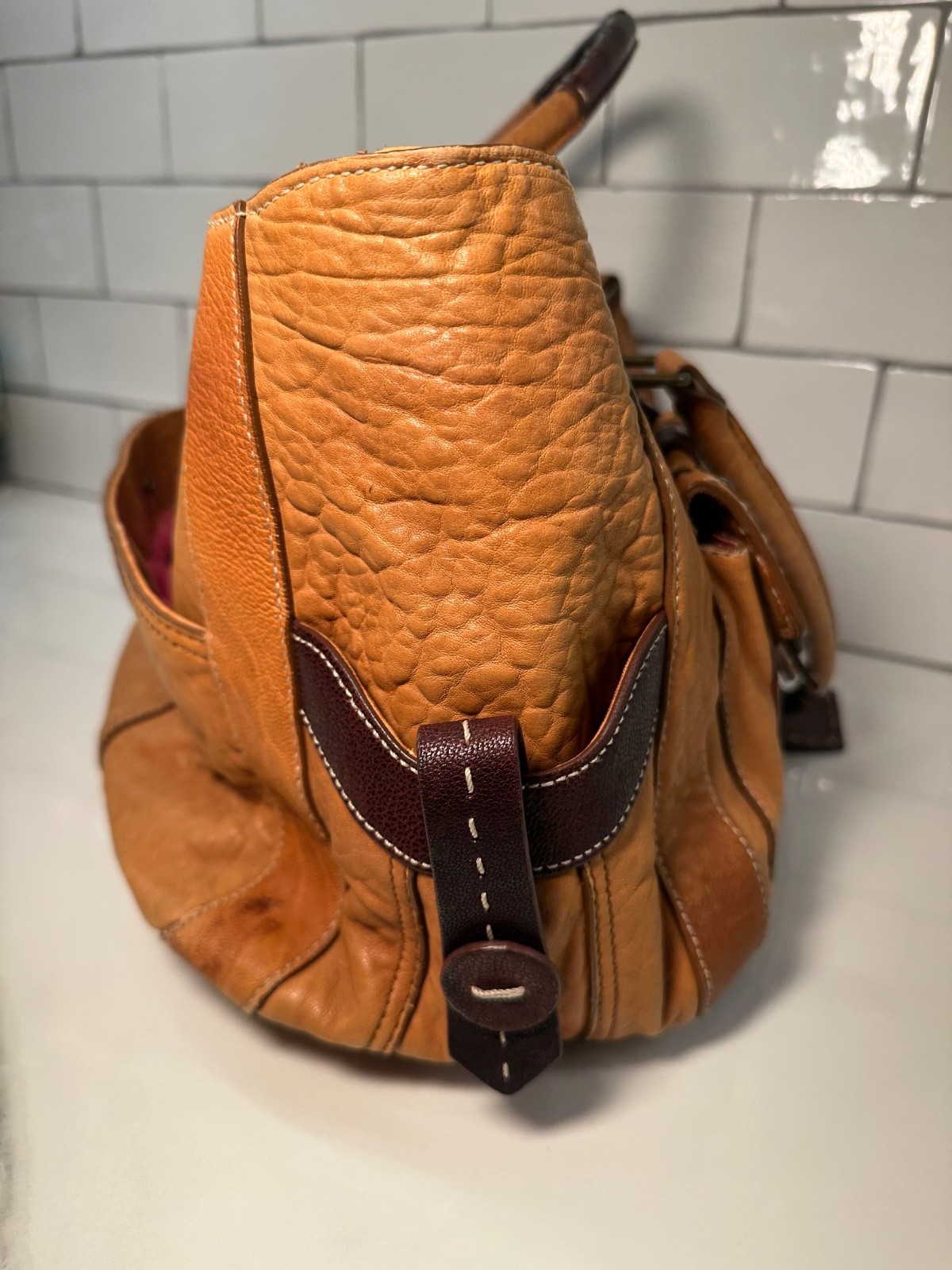 BETSEY JOHNSON Hobo Bag Large Studded 2 Tone Brown Distressed Leather Y2K