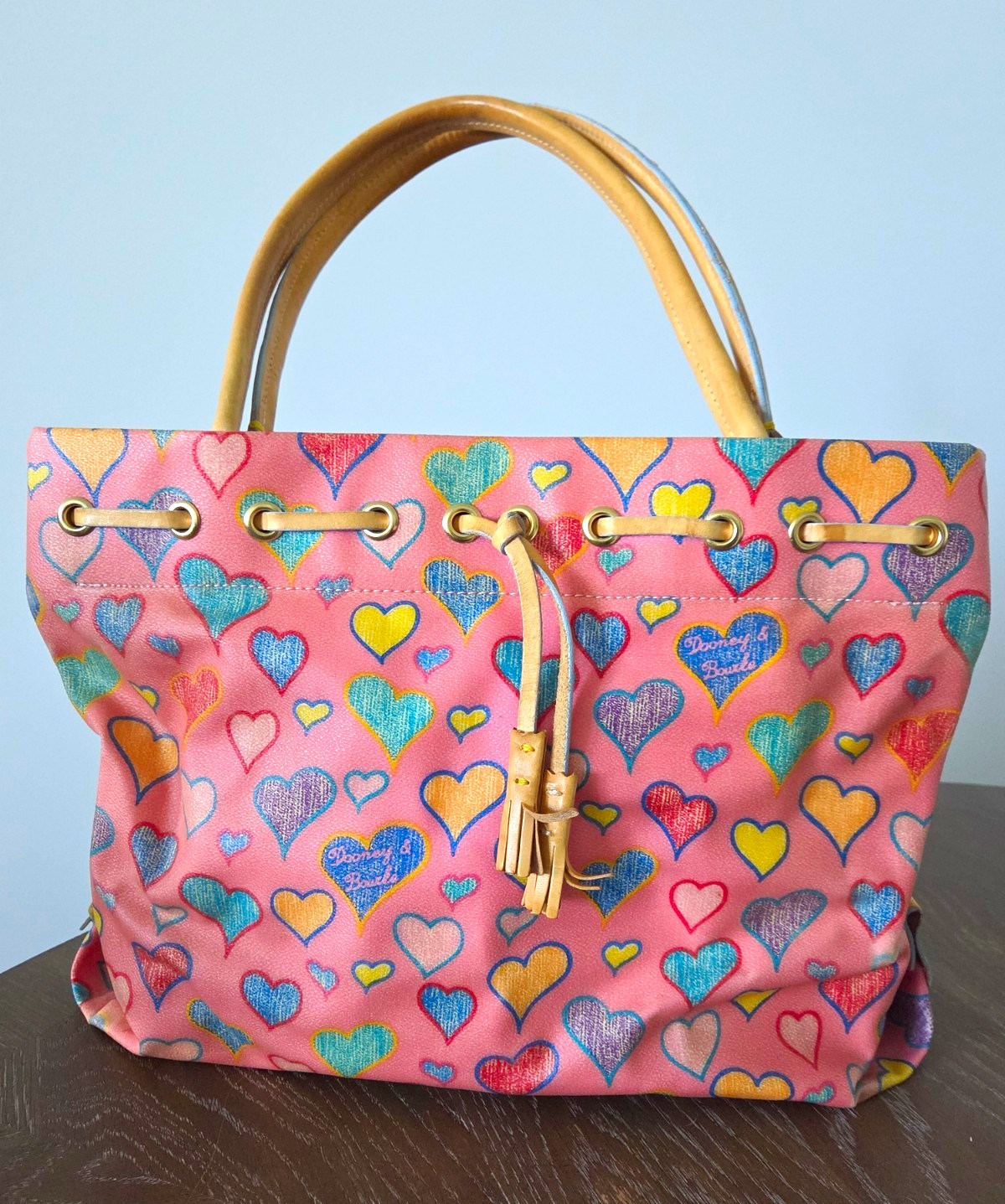 Dooney & Bourke Pink Heart Print Tote Drawstring Double Handles Charm
