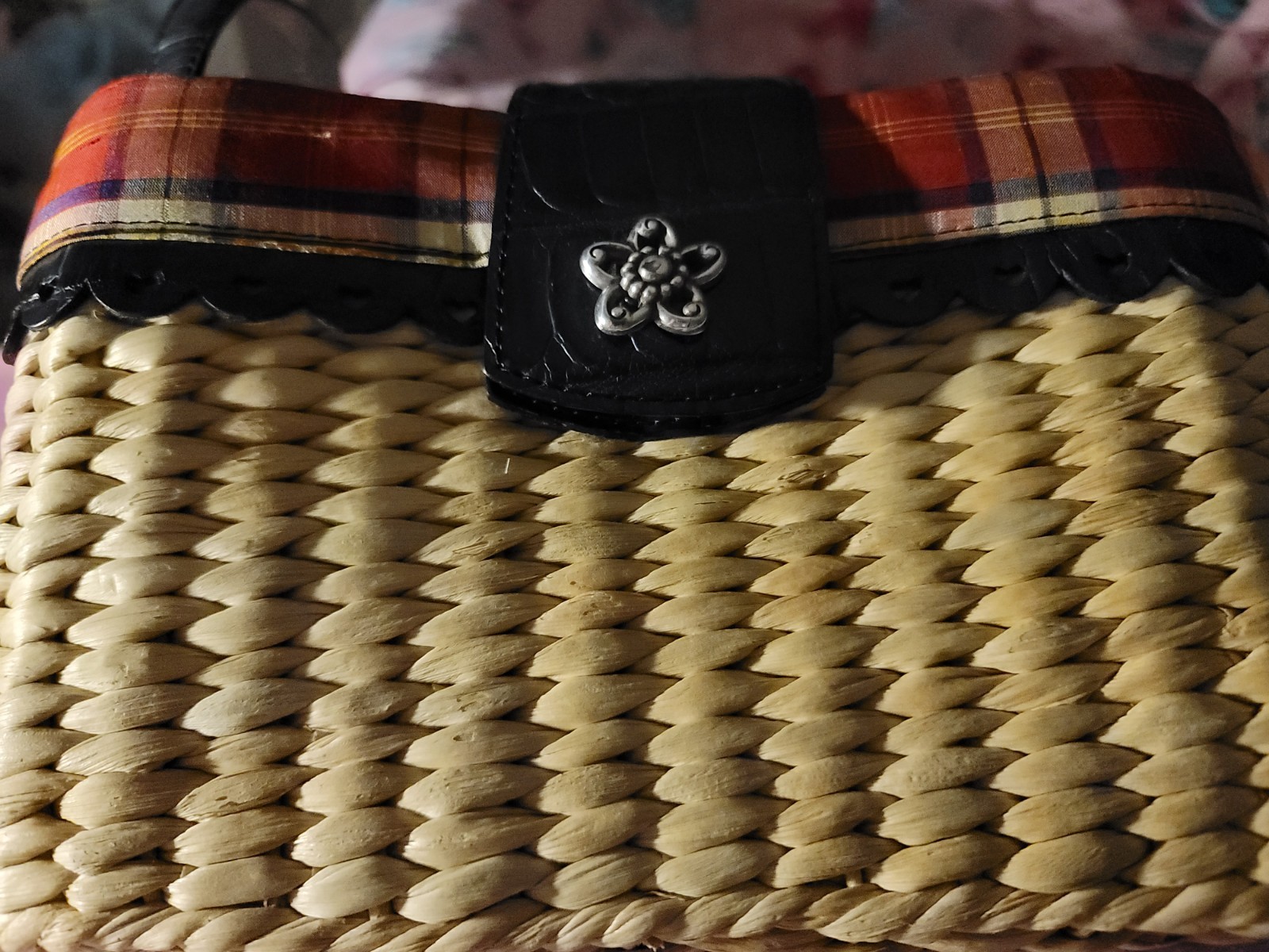 Brighton Small Beige Plaid Shoulder Bag w/ Charm, Flower Buckle Clasp, Lined