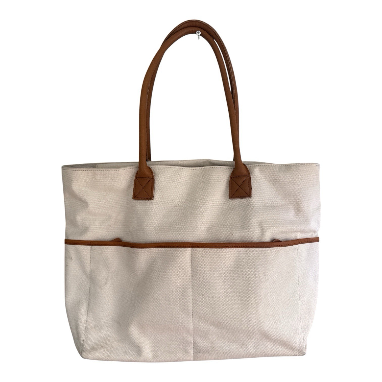 LL Bean 100% Cotton Tote Brown Leather Handle Canvas Bag Ivory Striped Lining