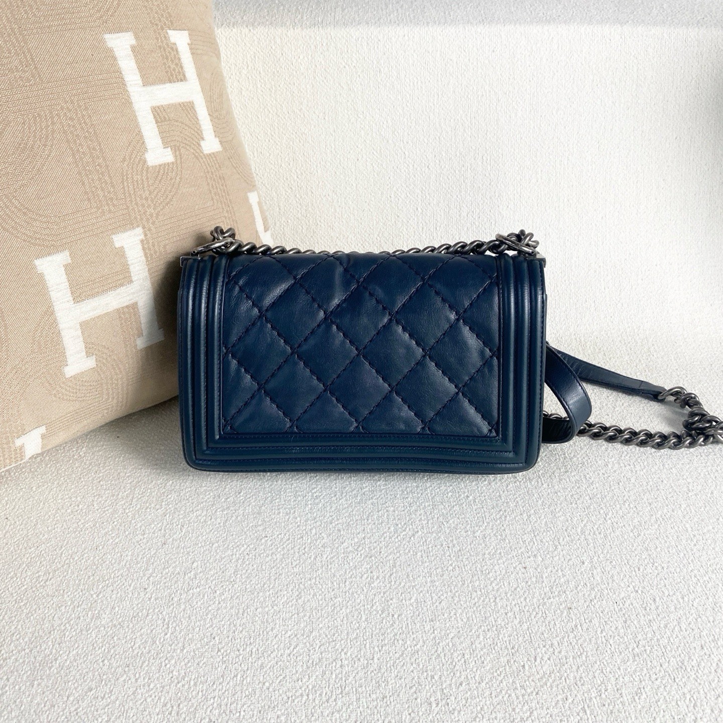 Authentic Chanel Le Boy Medium Flap Bag, Blue Quilted Calfskin with Silver