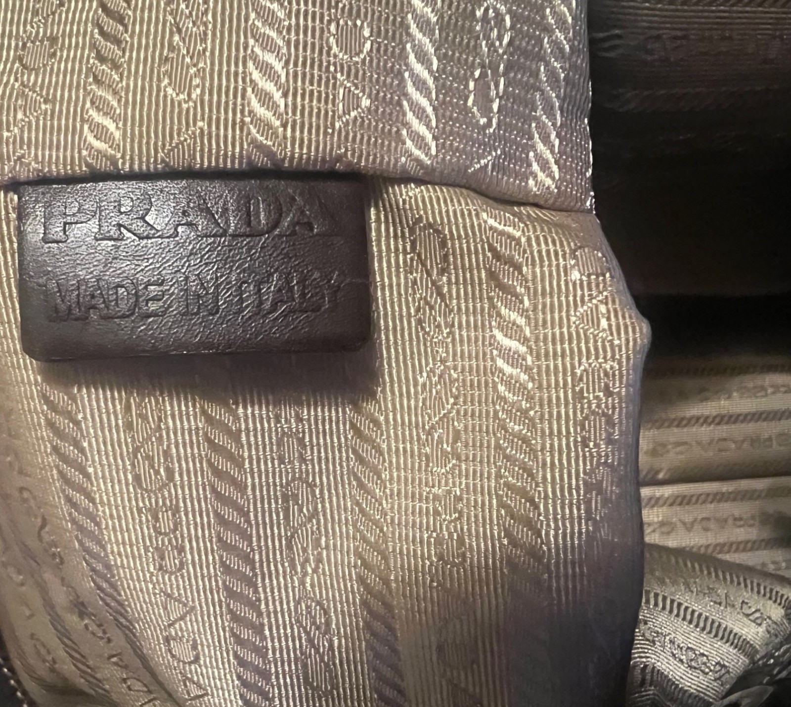 Prada Tote Bag Canvas Leather Beige Brown Silver Hardware Logo Shoulder Purse