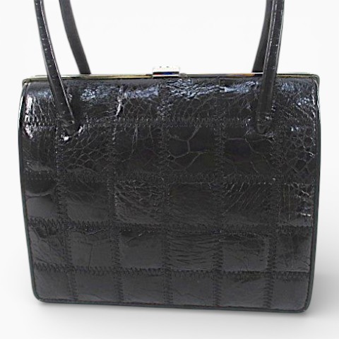 Black Leather Crocodile Embossed Handbag, Ladies, Vintage, 8×6.3in, Used