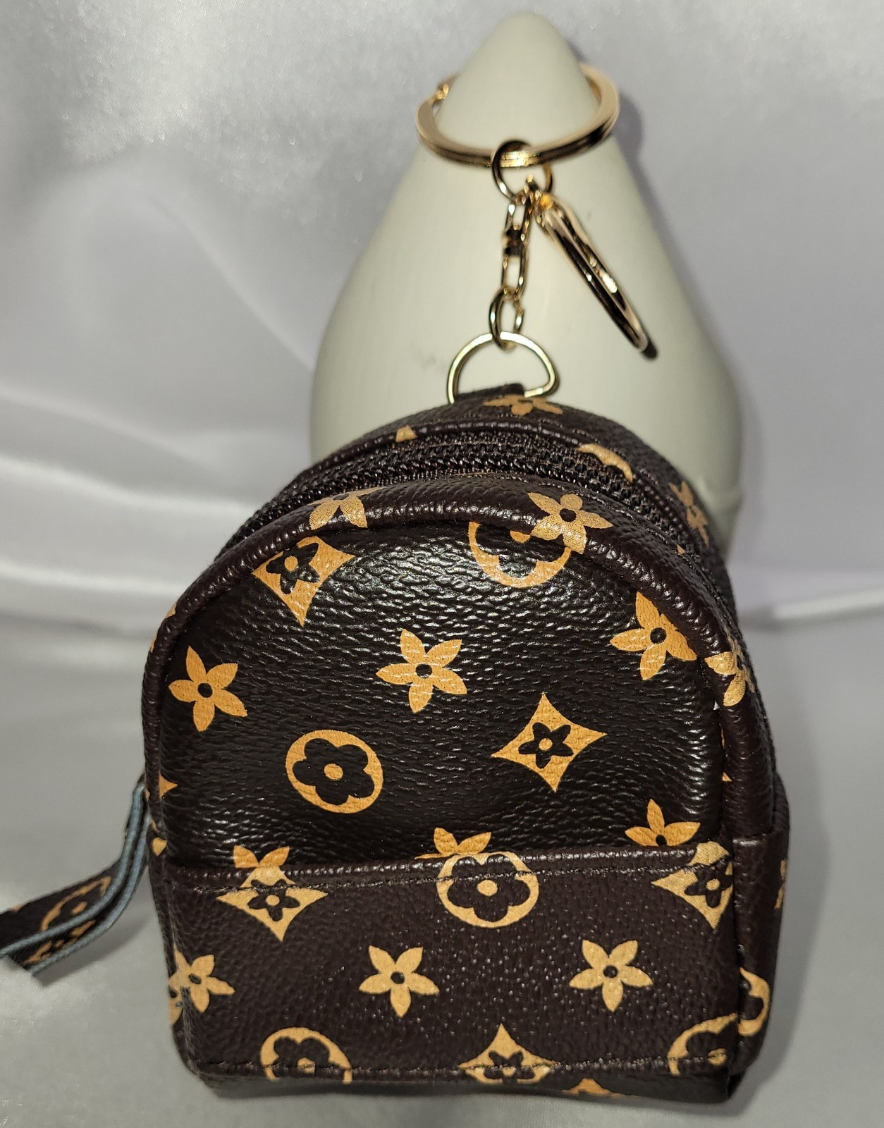 Mini Brn/Tan Backpack Style Bag Charm Keychain Coin Purse Earphone Case