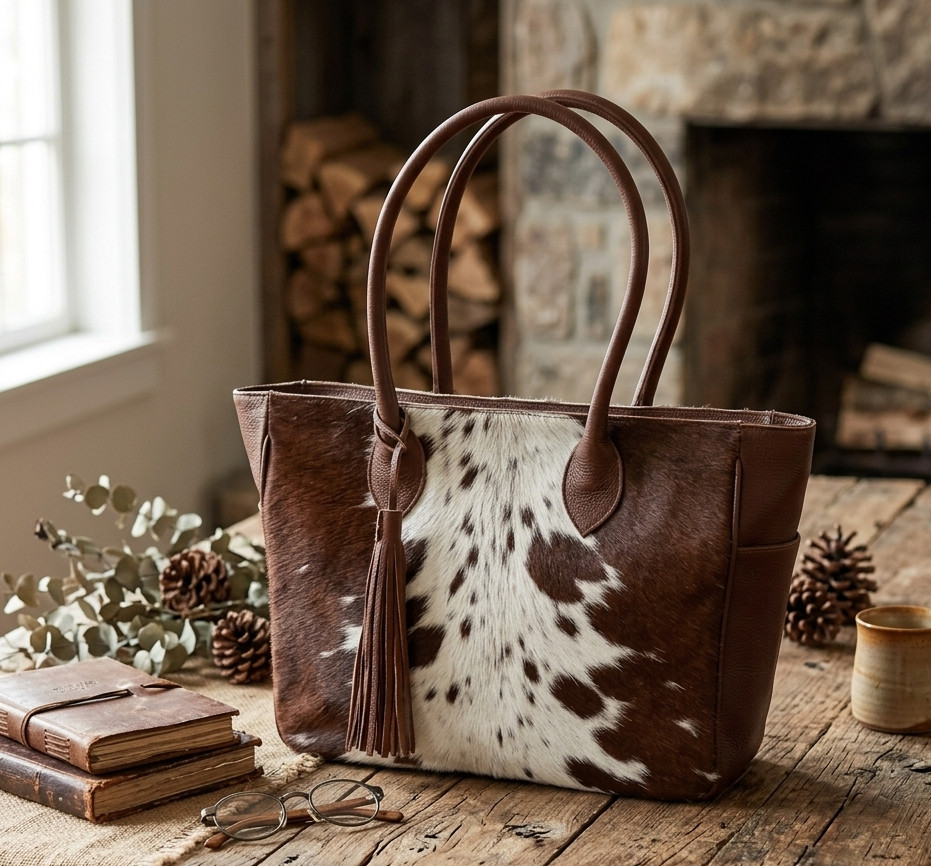 Genuine Cowhide Tote Bag Women Shoulder Bag Western Style Cowskin Purse handbag