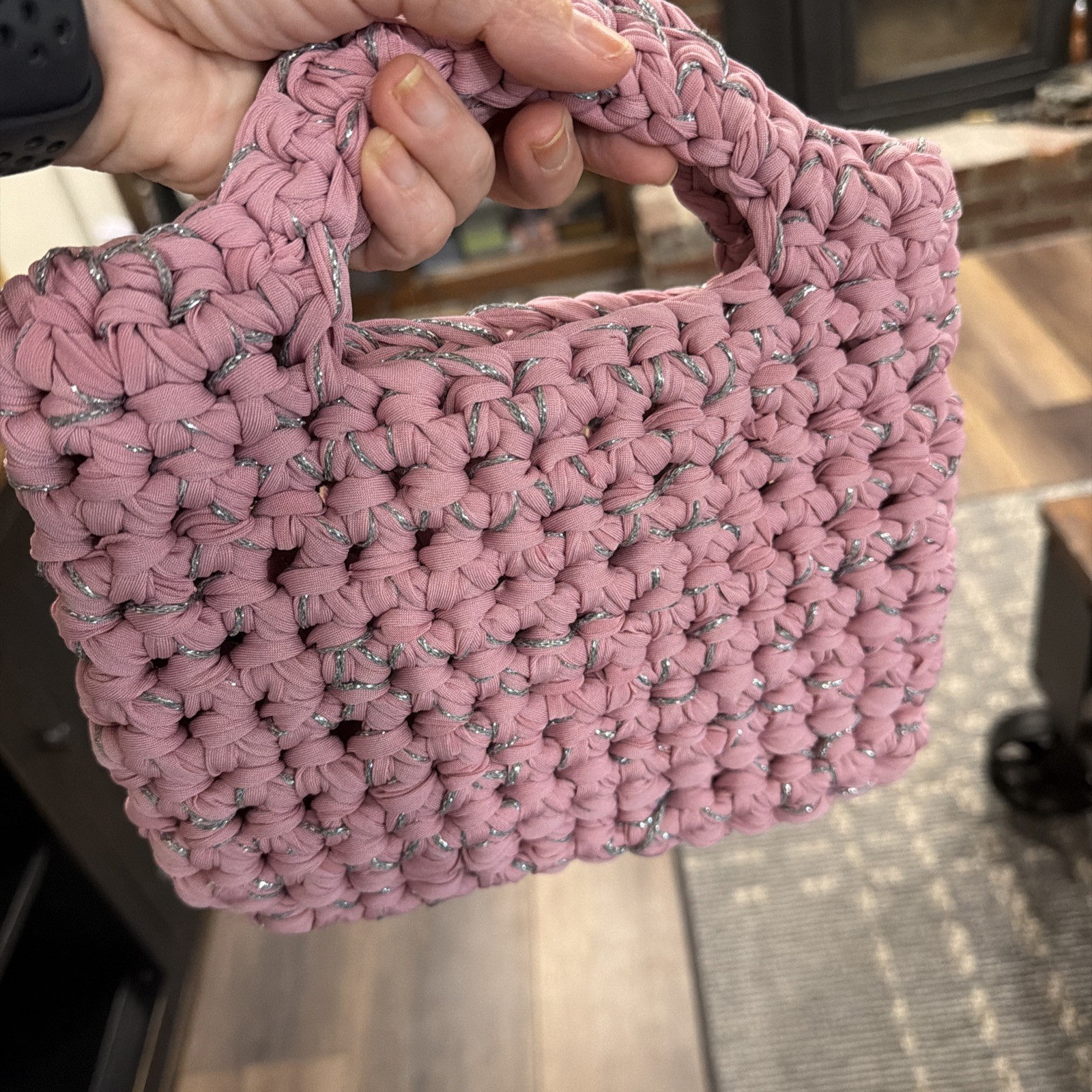 Handmade Crochet Pink With silver Sparkle T-Shirt Yarn Bag