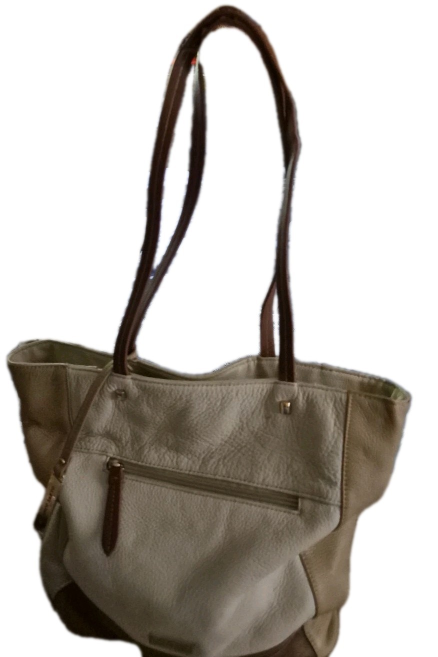 Franco Sarto Leather Colorblock Tote Shoulder Bag Cream Taupe Brown FL0851