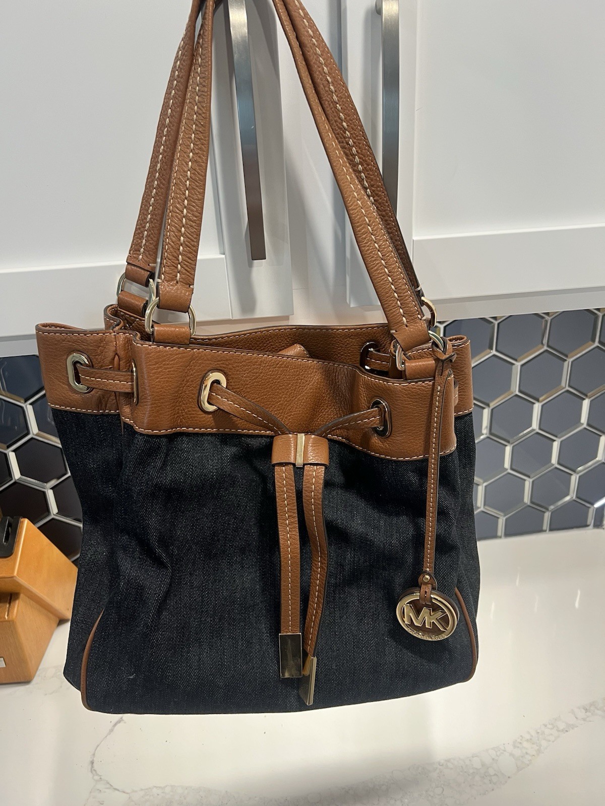 Michael Kors Gold Denim Leather Marina Drawstring Tote Purse