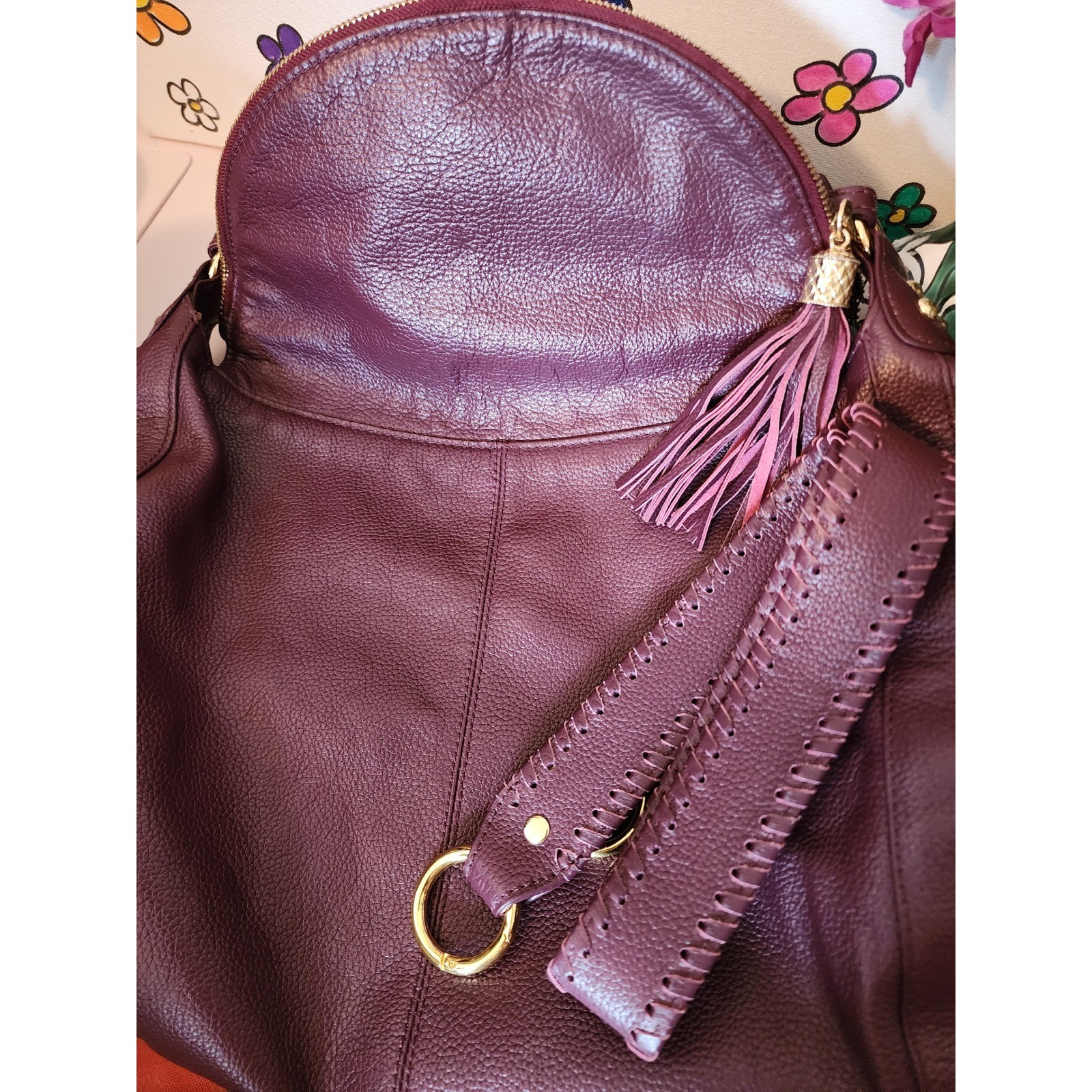 Onna Ehrlich Plum Pebbled Leather Hobo Bag Whipstitch Tassel Gold Hardware