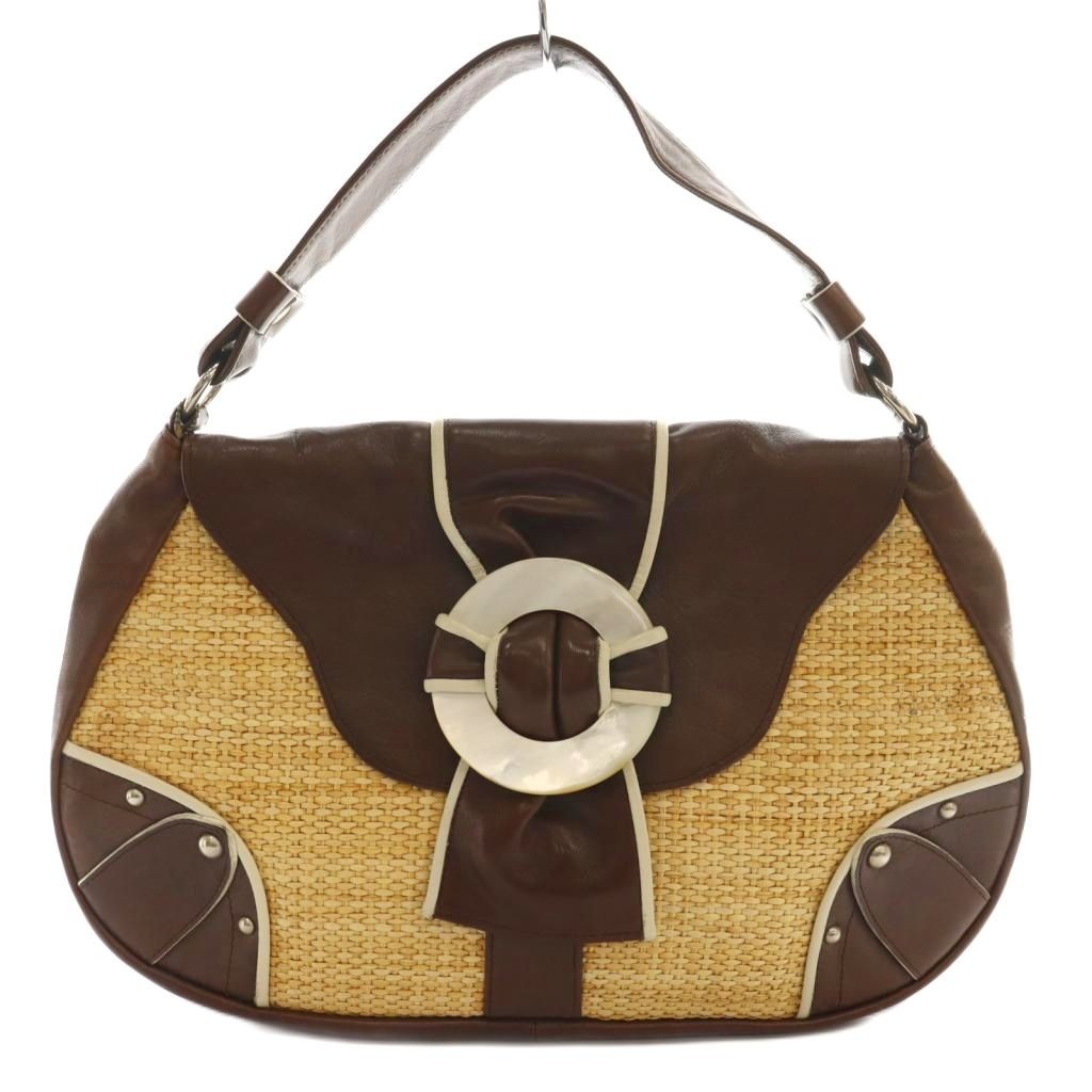Rapture Raffia Leather Handbag Brown Beige 8.7×3.1×9.2in B Used