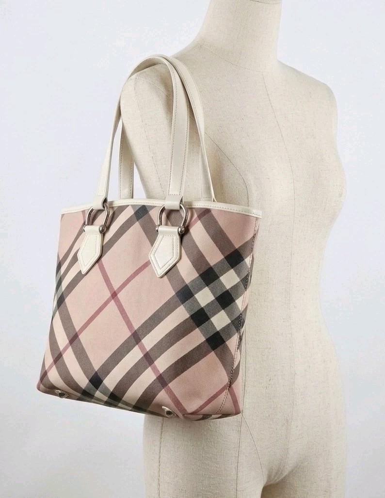 Burberry Supernova Check Open Top Tote Bag Coated Canvas Purse Leather Trim