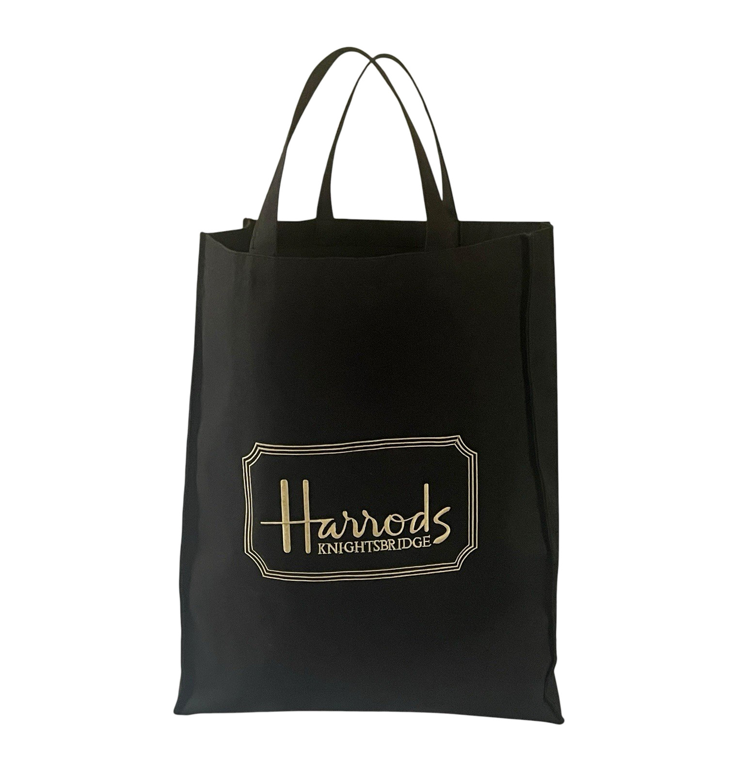 HARRODS Large Black Gold Tone Embroidered Logo Tote Double Handle Shopper Bag