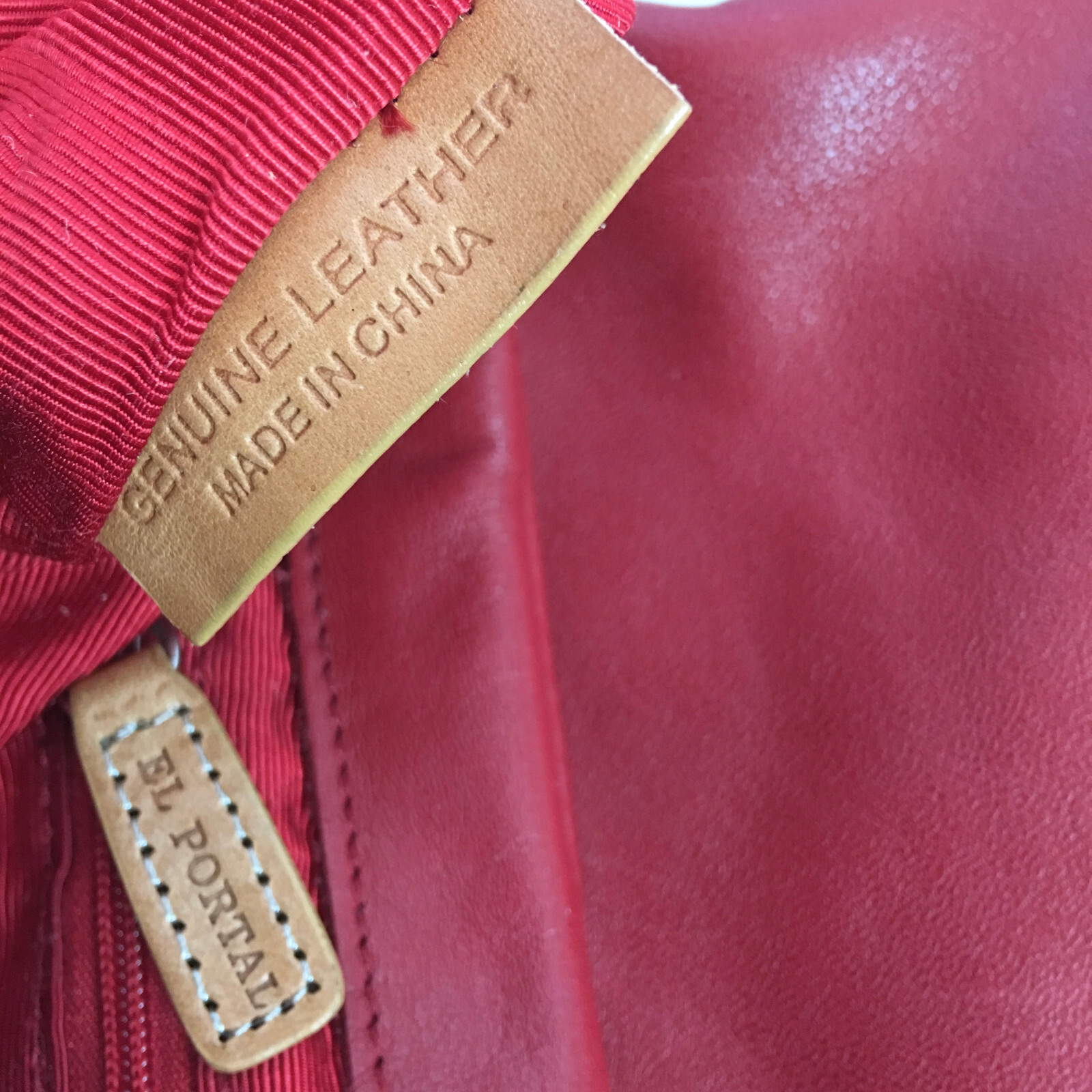 El Portal Shoulder Bag Red Leather Flap Purse Brown Trim