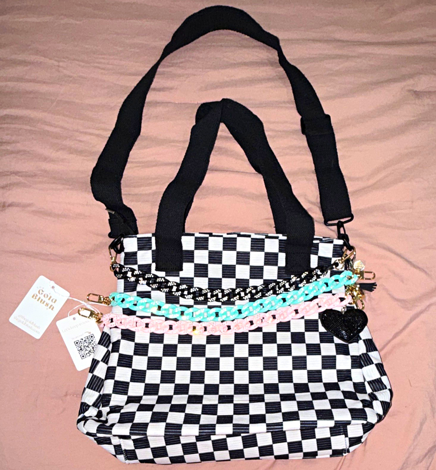 Black White Checkered Satchel Top Handle Bag, Zip, Detachable Strap, Pockets