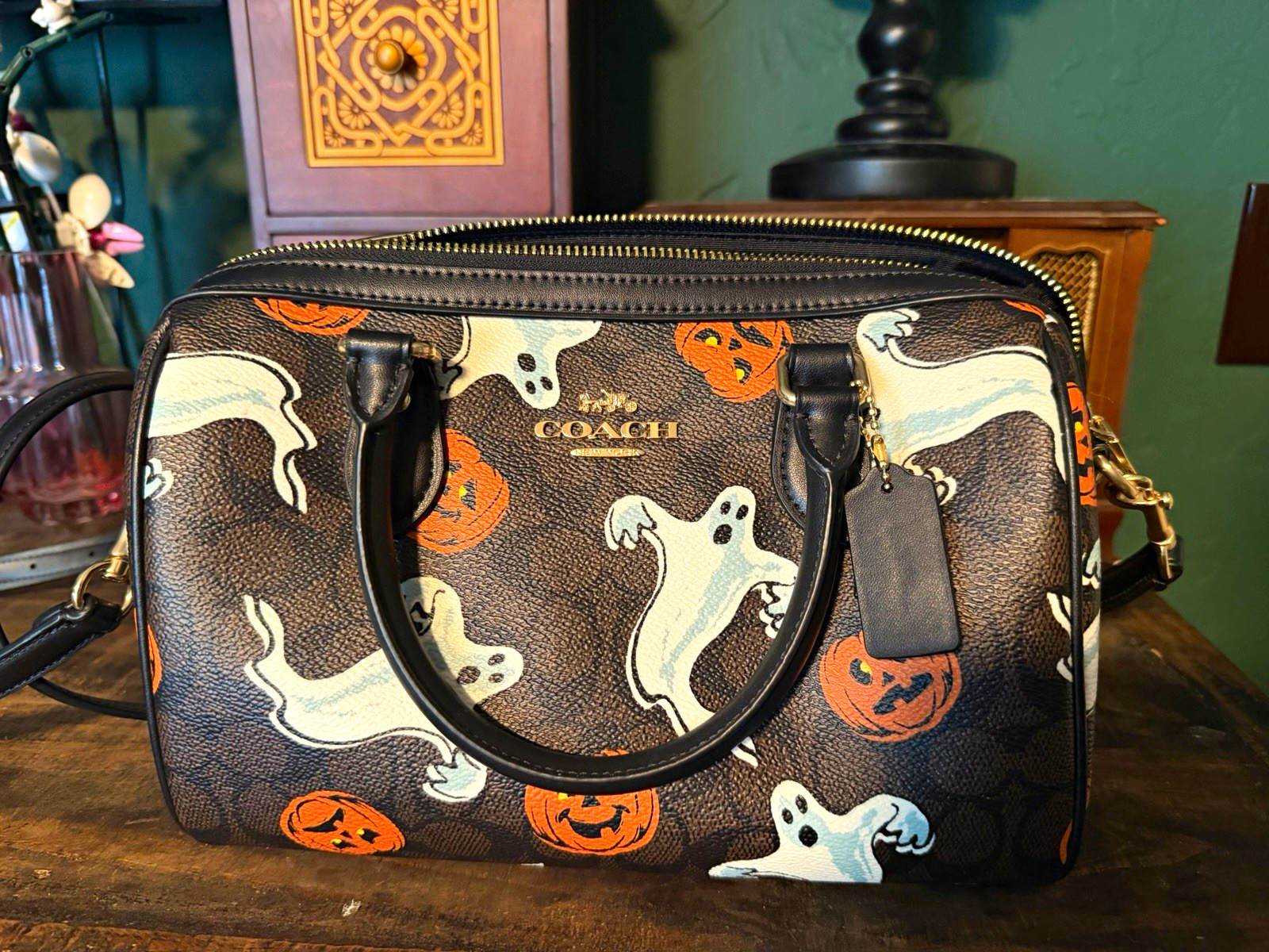 Coach Rowan Satchel Halloween Ghost Pumpkin Print Zip Top Detachable Strap