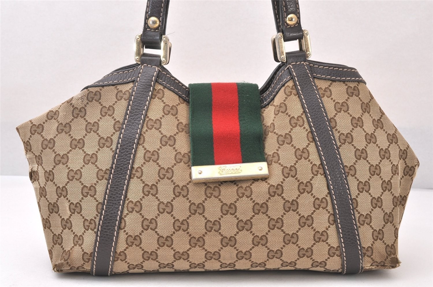 Authentic GUCCI Web Sherry Line Hand Bag GG Canvas Leather 364836 Brown 705AA