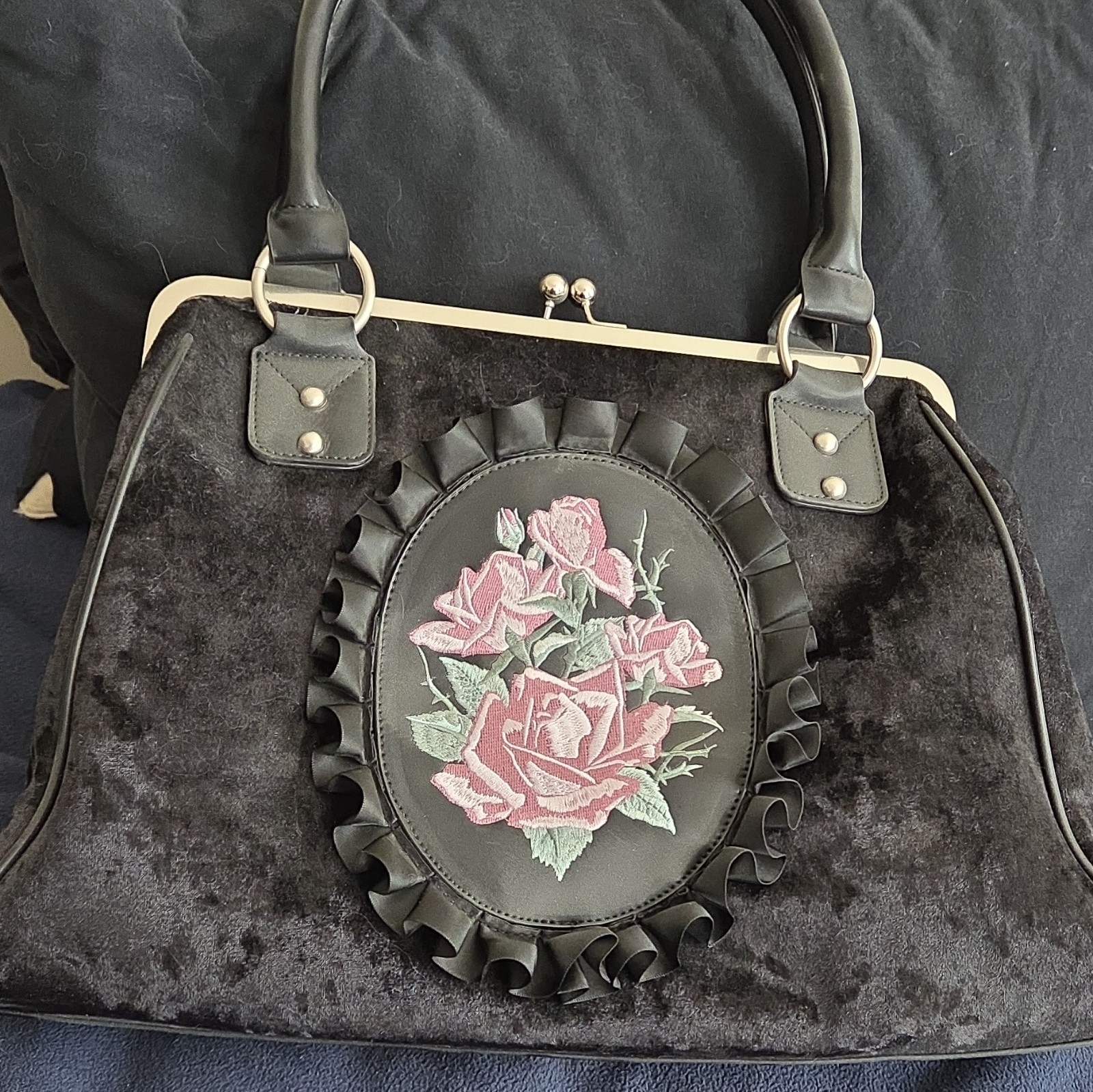 Dolls Kill Widow Black Satchel Top Handle Rose Floral Embroidered Silver Lined