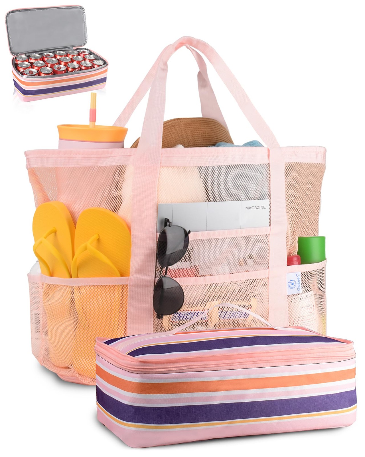 Beach Bag for Women, Mesh Tote with Zipper, Sandproof & Cooler – Vacation