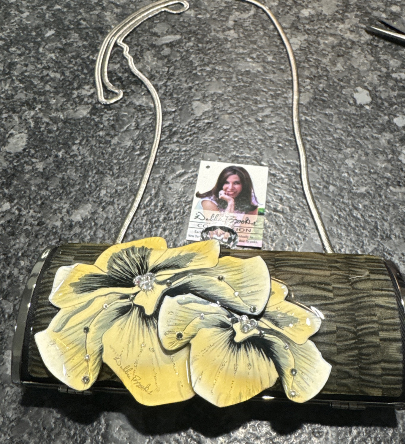 Debbie Brooks Satin Silver Clutch Bag Handbag Purse Black White Flowers New NWT