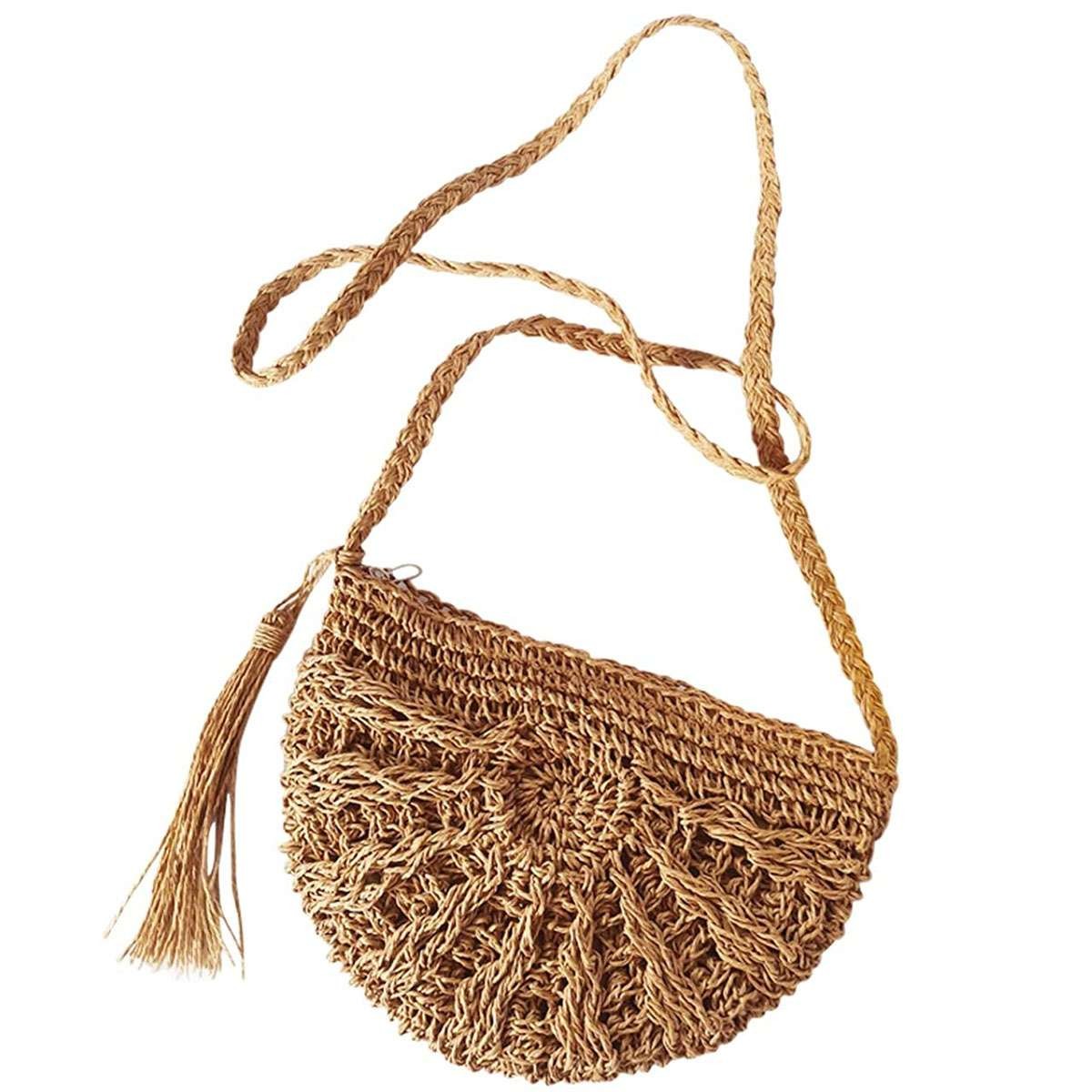 Women Woven Crossbody Straw Bag Round Rattan Shoulder Summer Beach Semicircle US