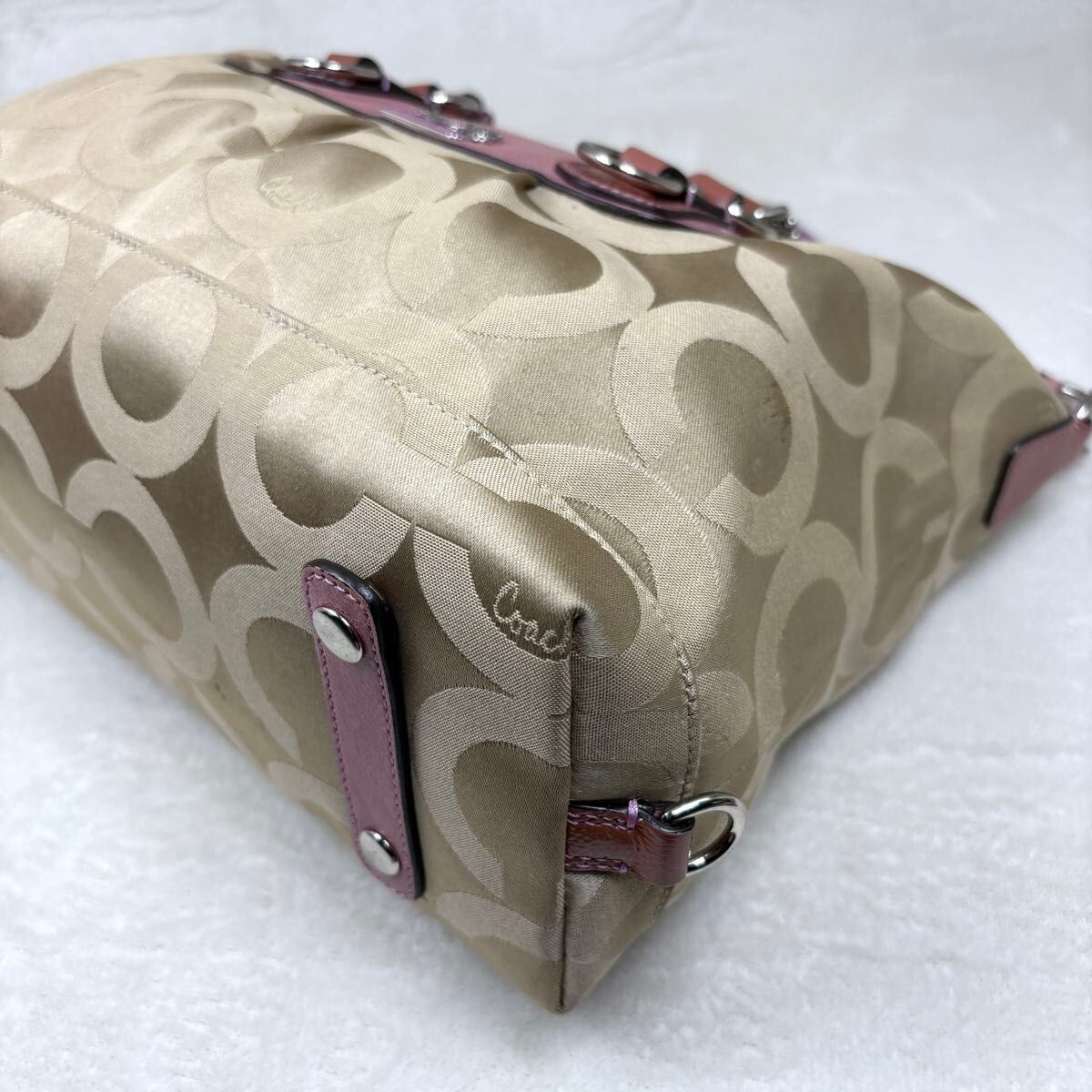 Coach Madison Signature 2Way Canvas Leather Shoulder Handbag Beige Pink 12947