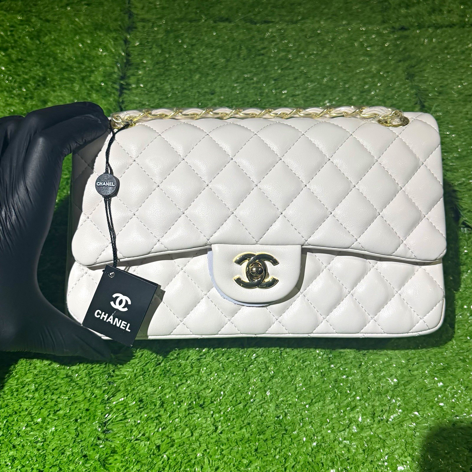 White Quilted Small Classic Flap CC Turn Lock Chain Gold Hardware