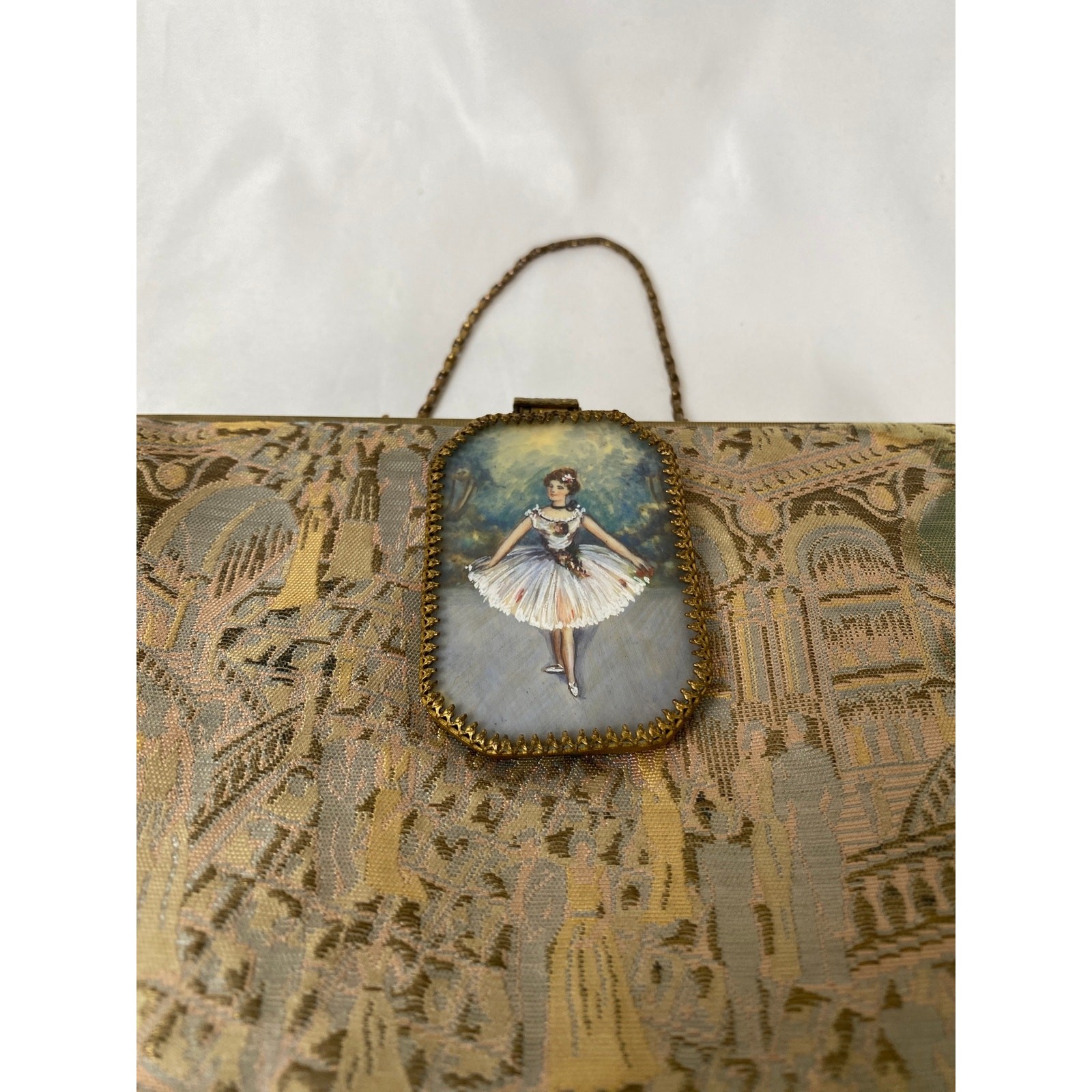 Vintage 1920s Parisian Tapestry Evening Bag Ballerina Painted Medalion Closure S