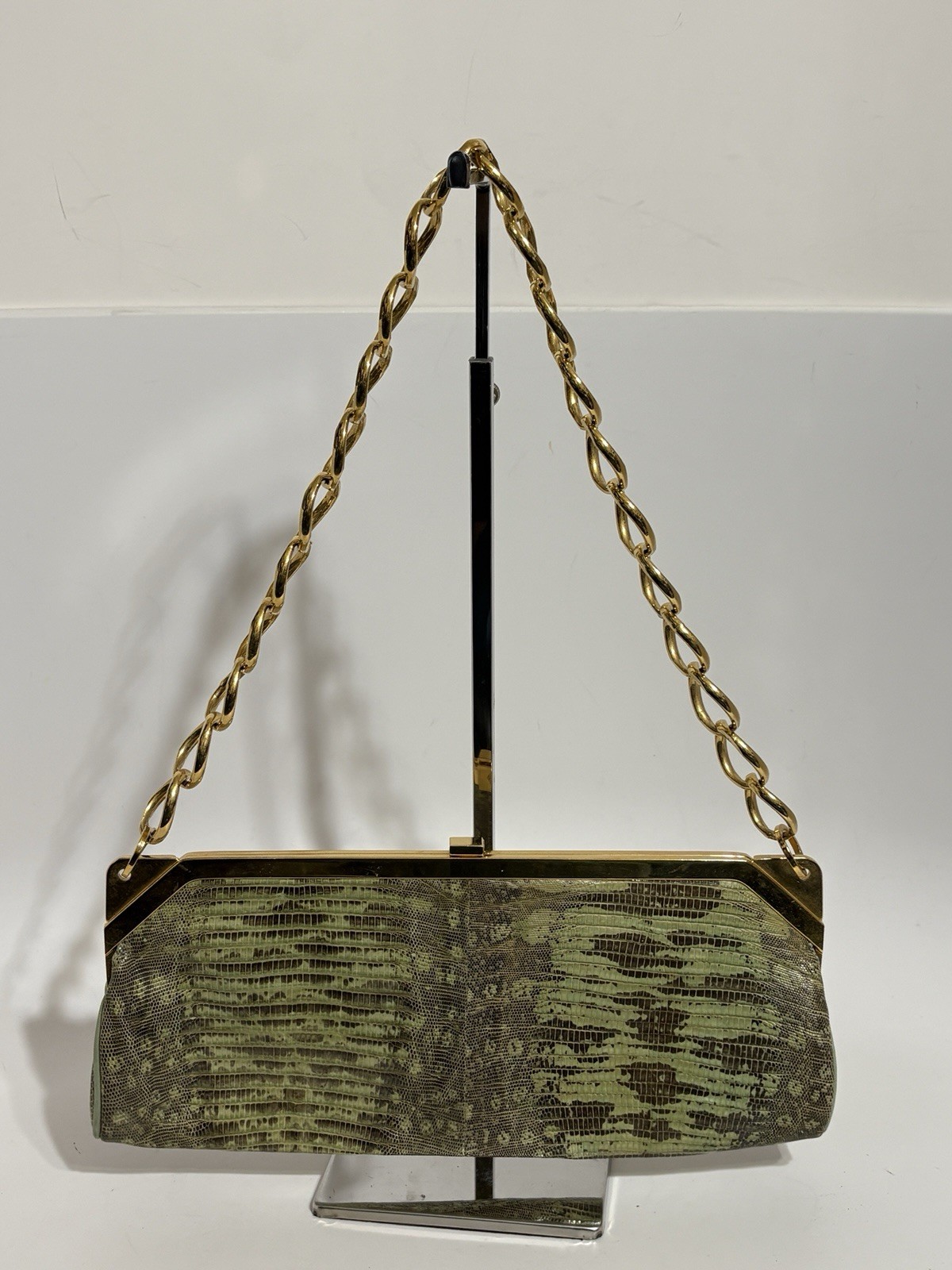 Vtg Gianni Versace Green Lizard Leather Gold Chain Strap Shoulder Bag