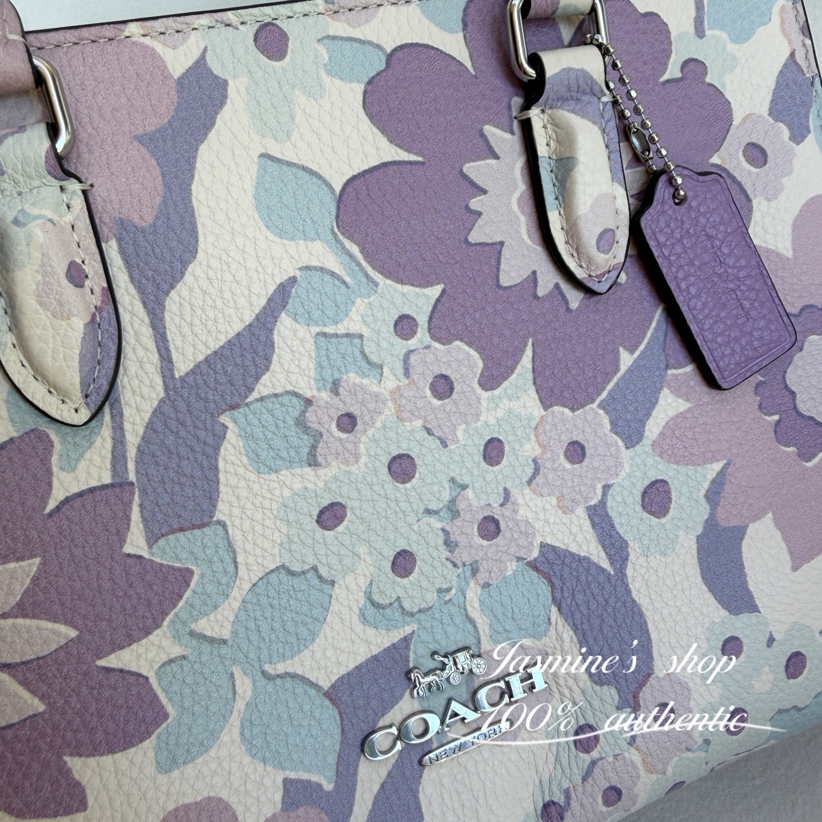 NWT COACH Maggie Small Tote Bag Floral Print Pebble Leather Ivory Purple CBM08