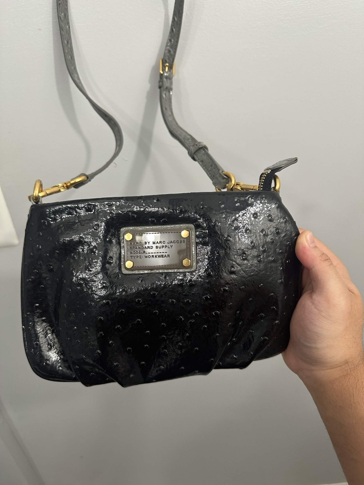 Marc by Marc Jacobs Q Percy Black Ostrich Embossed Faux Leather Crossbody