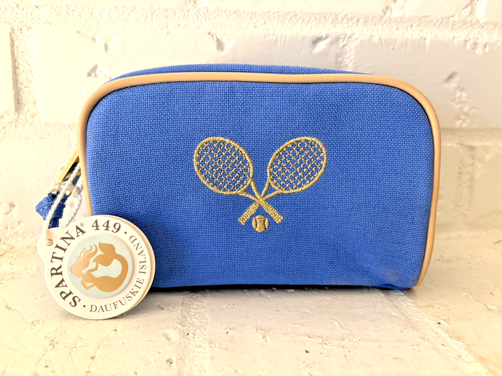 NWT Spartina 449 Double Tennis Racket Blue Gold Travel Linen Makeup Pouch Lined