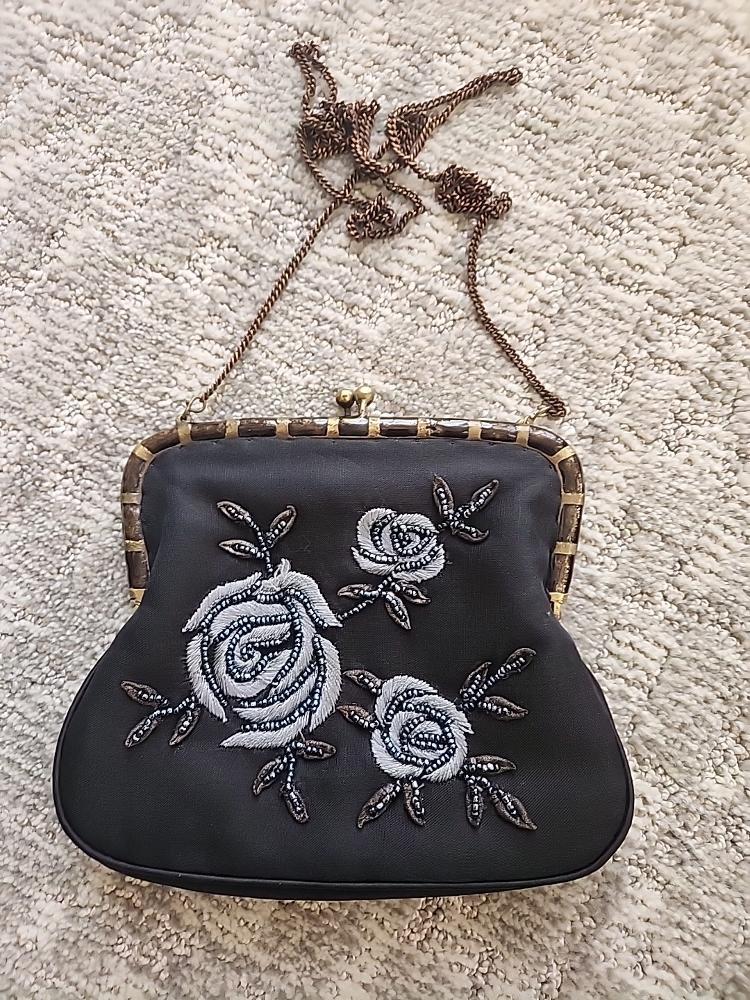 Vintage Beaded Evening Bag Black Floral Kiss Lock Purse Art Deco Style