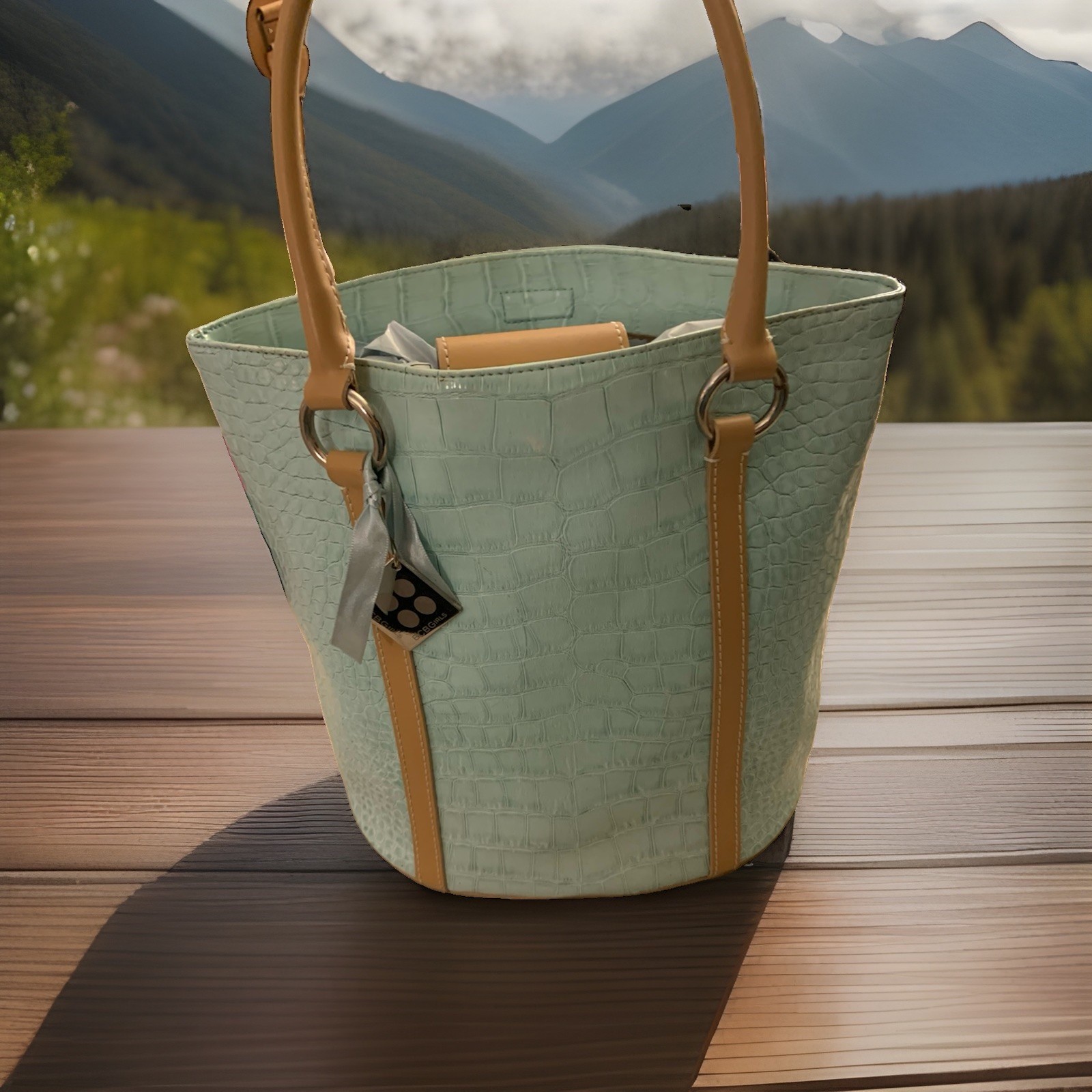 BCBGeneration Light Blue Croc Embossed Large Tote Bag Snap Tan Double Handles