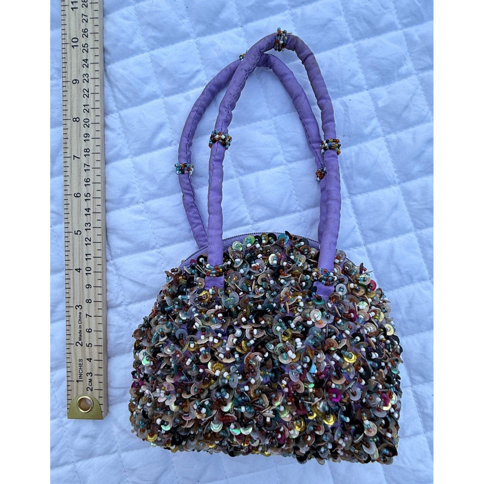 Kitschy Artsty Purple Beaded Sequin Mini Handbag Multi Color Embellished Purse