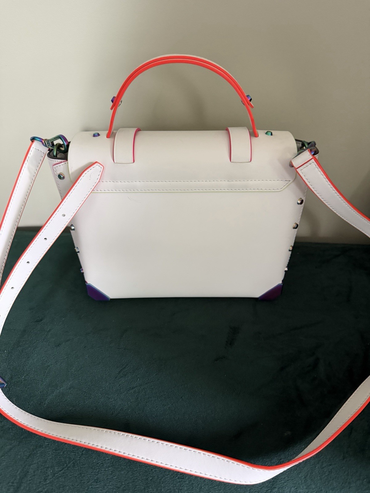 Michael Kors White Small Satchel Top Handle Crossbody Push Lock Rainbow Hardware