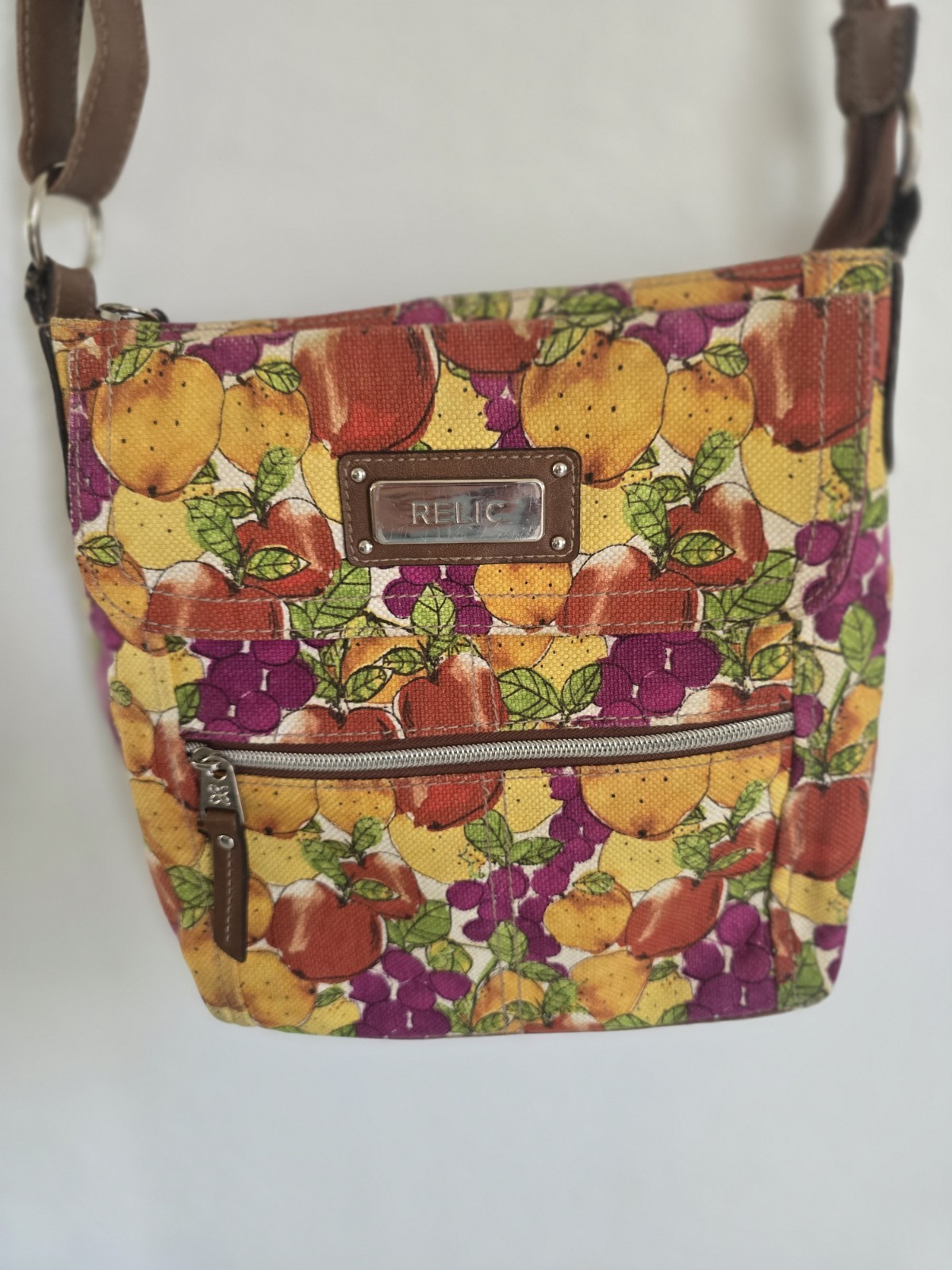 Relic fruit print crossbody bag canvas purse 11 in. x 11 in.