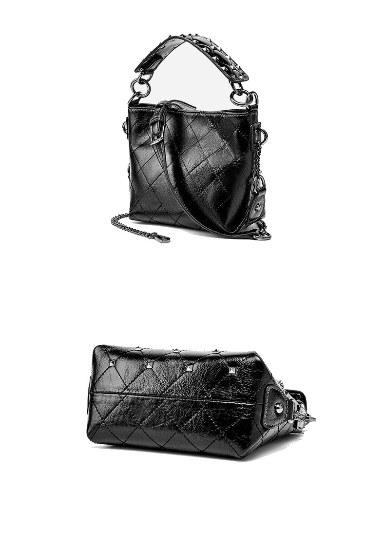 Genuine Leather Handbag/Studded Quilted Crinkled Black Leather