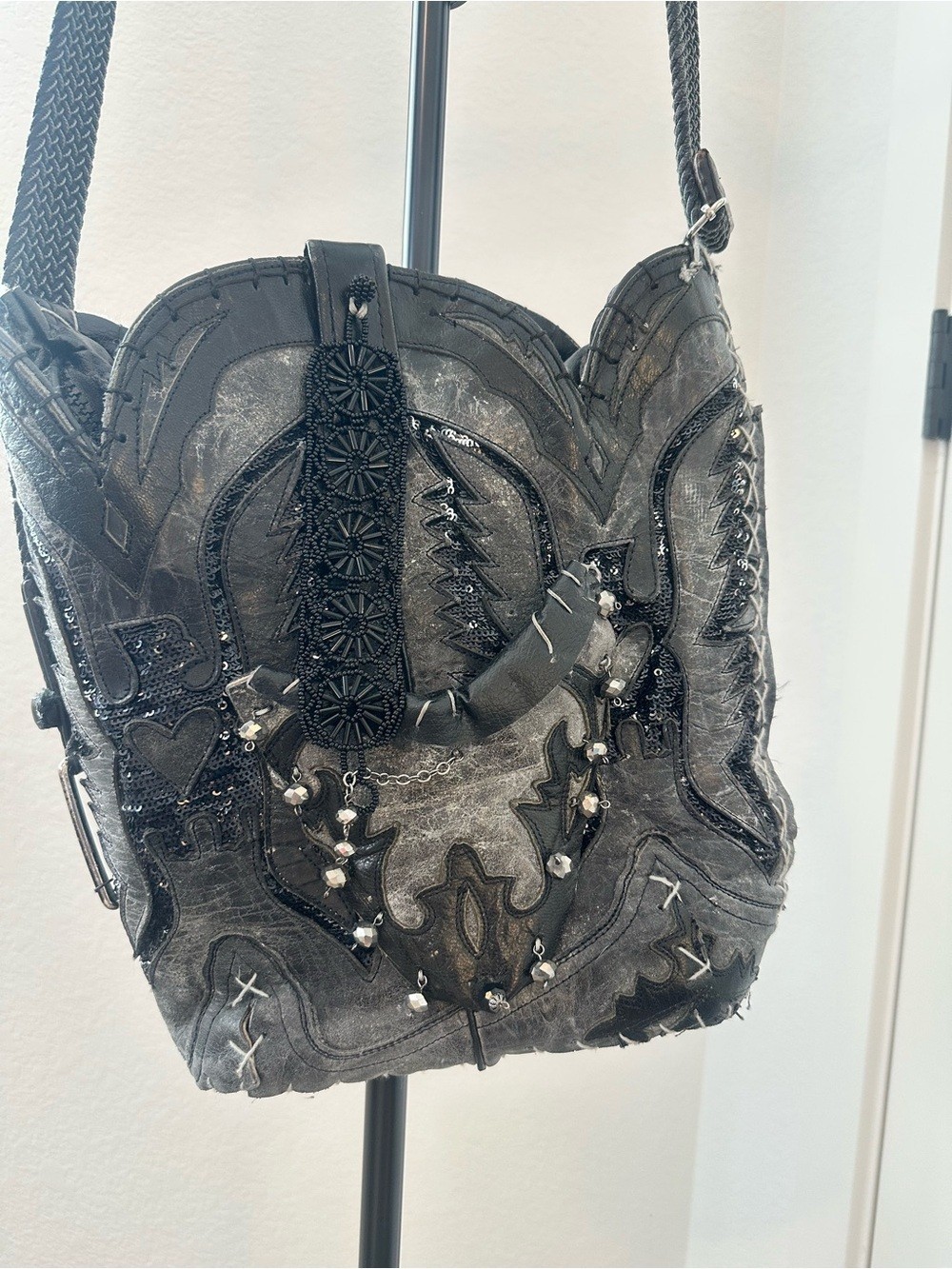 Handcrafted Leather Black Bead-Embellished Women’s Shoulder Bag